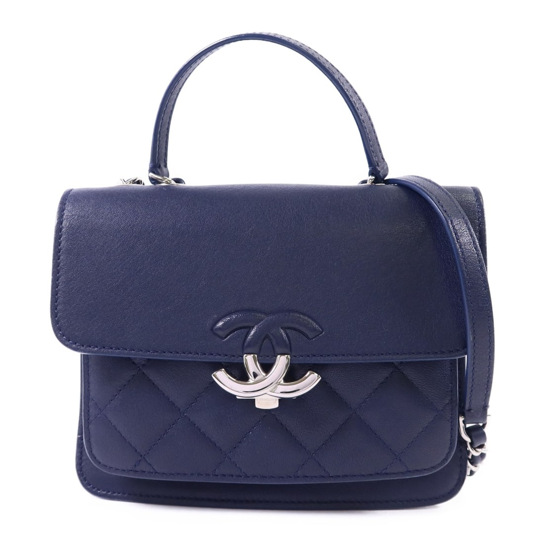 CHANEL CC 2 Way Chain Shoulder Bag Navy Calfskin SHW: CHANEL CC 2 Way Chain Shoulder Bag Navy Calfskin SHW CHANEL 2-way chain shoulder bag in navy blue calfskin leather. The bag features a flap closure and comes with storage bag, hologram sticker, and gu