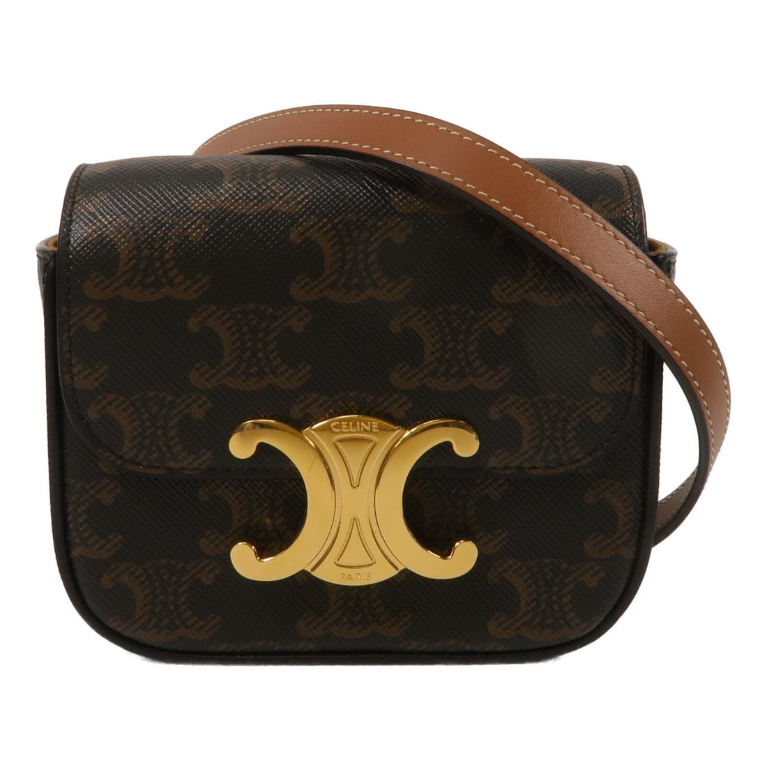 CELINE Mini Claude Brown Shoulder Bag Coated Canvas Calfskin: CELINE Mini Claude Brown Shoulder Bag Coated Canvas Calfskin Mini Claude shoulder bag in brown PVC coated canvas and calfskin leather with a compact structured silhouette and an interior card slot. In
