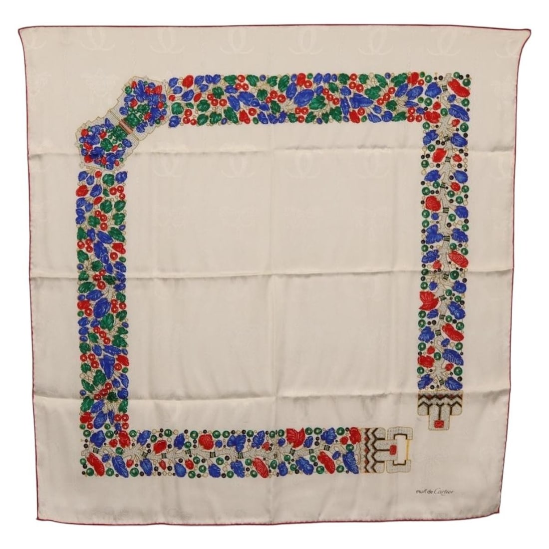 Cartier Silk Scarf White 33.5inch Square Italy with Box: Cartier Silk Scarf White 33.5inch Square Italy with Box A Cartier silk scarf in white, made in Italy. It is a women's scarf with an approximate size of 85 cm x 85 cm (33.5 in x 33.5 in) and includes t