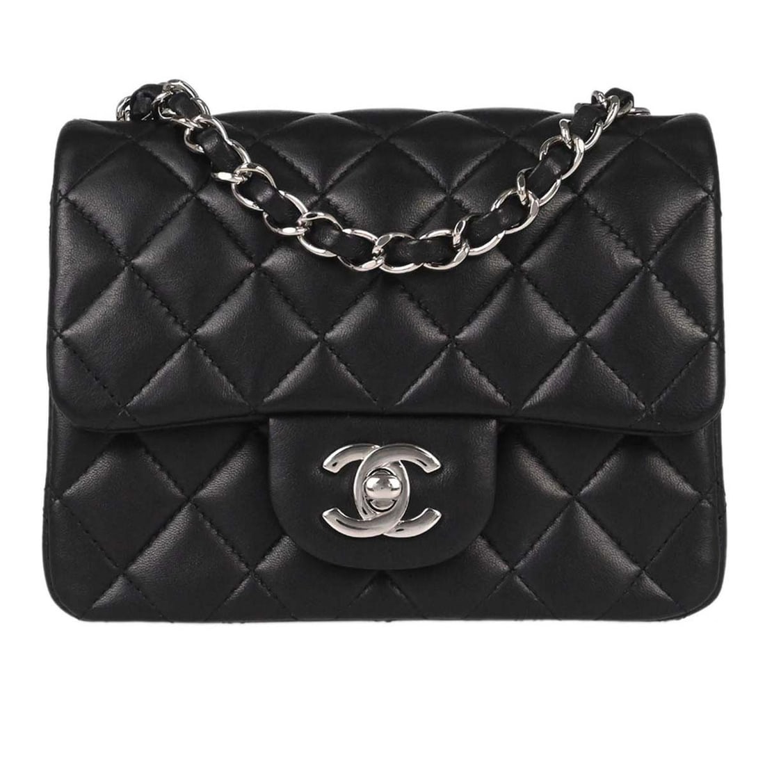 CHANEL Classic Flap Mini Square Lambskin Shoulder Bag Black: CHANEL Classic Flap Mini Square Lambskin Shoulder Bag Black Chanel Classic Flap Mini Square shoulder bag in black lambskin leather with signature matelasse quilting and a flap turnlock closure. This s