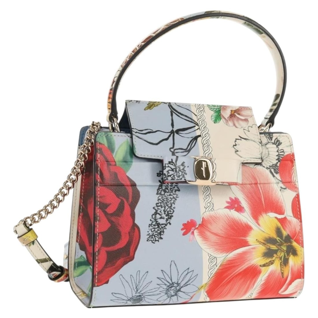 Salvatore Ferragamo Vala Leather 2way Handbag Multicolor Gold Tone: Salvatore Ferragamo Vala Leather 2way Handbag Multicolor Gold Tone Salvatore Ferragamo Vala hand bag in leather with a multicolor and gold exterior. This 2-way style comes with a shoulder strap and du