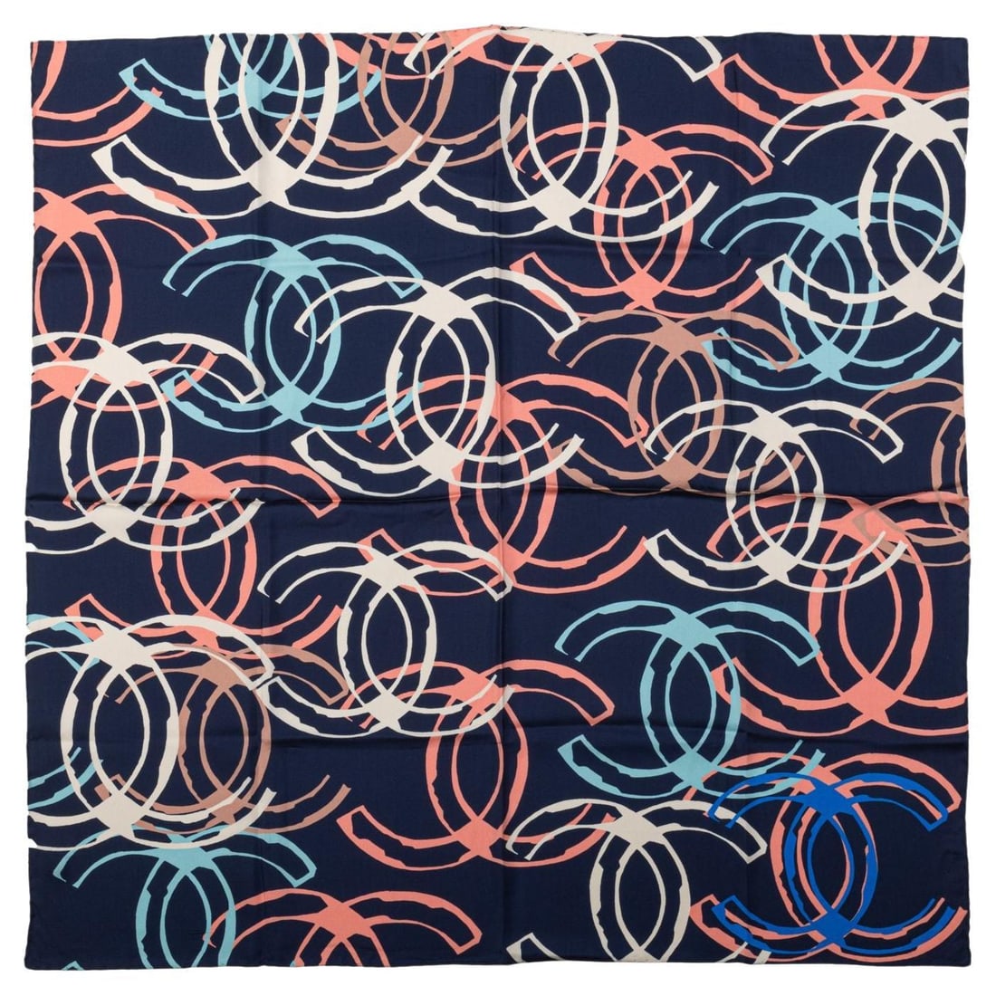 Chanel Blue Multilogo Silk Scarf 35 in Made in Italy: Chanel Blue Multilogo Silk Scarf 35 in Made in Italy Elevate your style with this exquisite Chanel silk scarf, featuring a vibrant blue color adorned with a multicolor logo design. Crafted in Italy, t