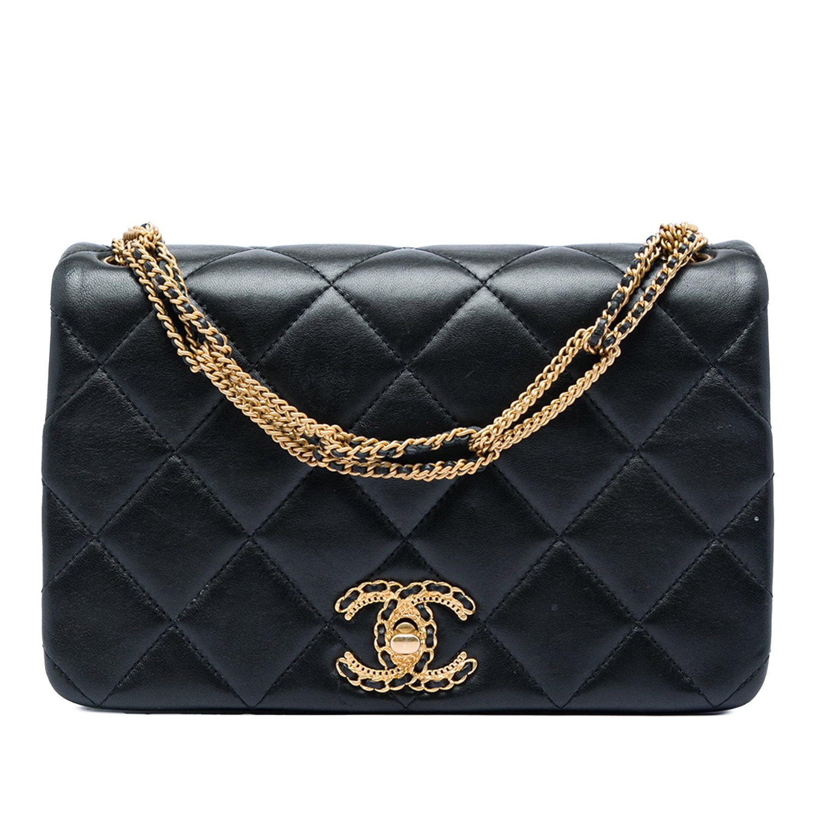 Chanel On And On Chain Flap Small Black Lambskin Shoulder Bag: Chanel On And On Chain Flap Small Black Lambskin Shoulder Bag Small Chanel On And On Chain Flap shoulder bag crafted in quilted lambskin leather with a CC turn-lock flap closure, chain-link strap, and