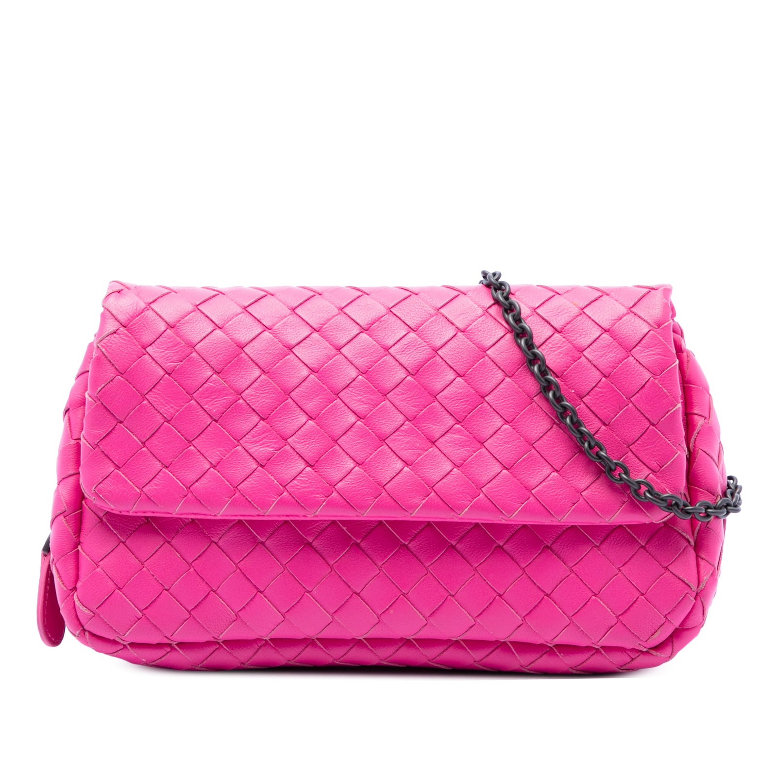 Bottega Veneta Intrecciato Mini Pink Nappa Leather Chain Crossbody Bag: Bottega Veneta Intrecciato Mini Pink Nappa Leather Chain Crossbody Bag Bottega Veneta mini crossbody bag in pink woven nappa leather with the brand's Intrecciato design. This flap style features a cha