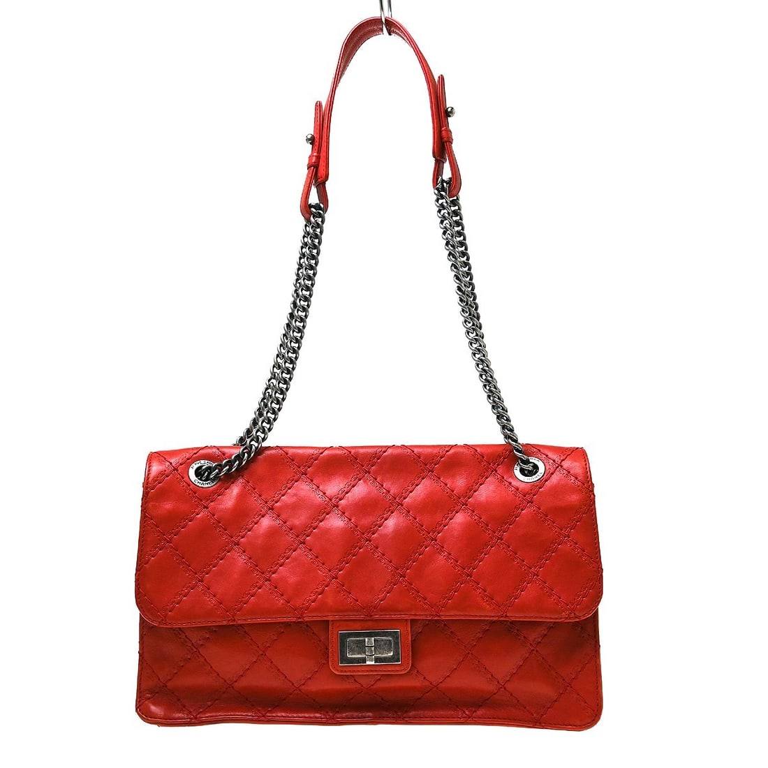 CHANEL Wild Stitch Top Handle Bag Red Calfskin Mademoiselle Lock: CHANEL Wild Stitch Top Handle Bag Red Calfskin Mademoiselle Lock This Chanel Wild Stitch Mademoiselle Lock handbag is crafted from red calfskin leather and features a top handle design with a beige li