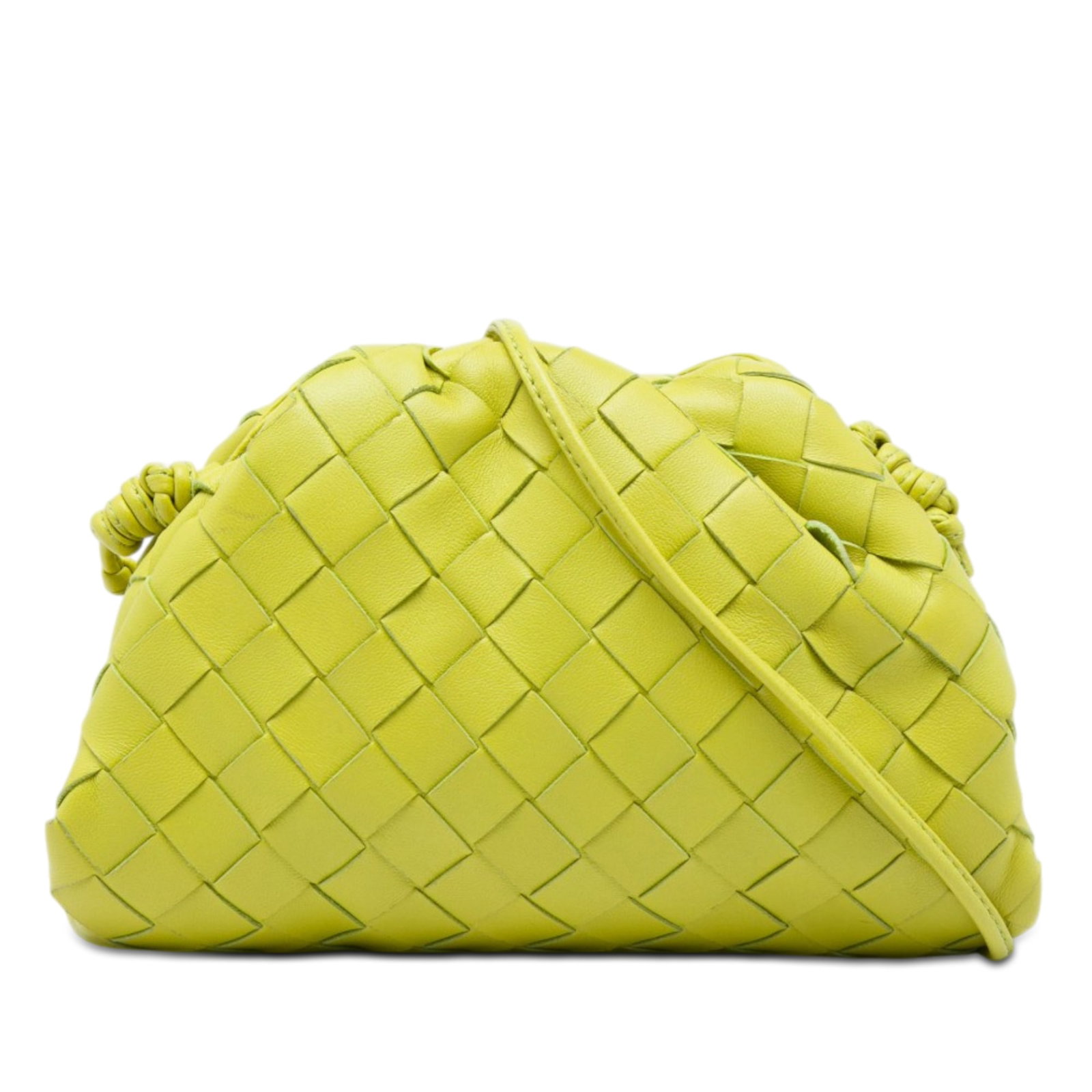 Bottega Veneta The Mini Pouch Crossbody in Green Woven Leather: Bottega Veneta The Mini Pouch Crossbody in Green Woven Leather Bottega Veneta The Mini Pouch Crossbody is crafted in green nappa intrecciato leather with the brand's signature woven body, a flat leath