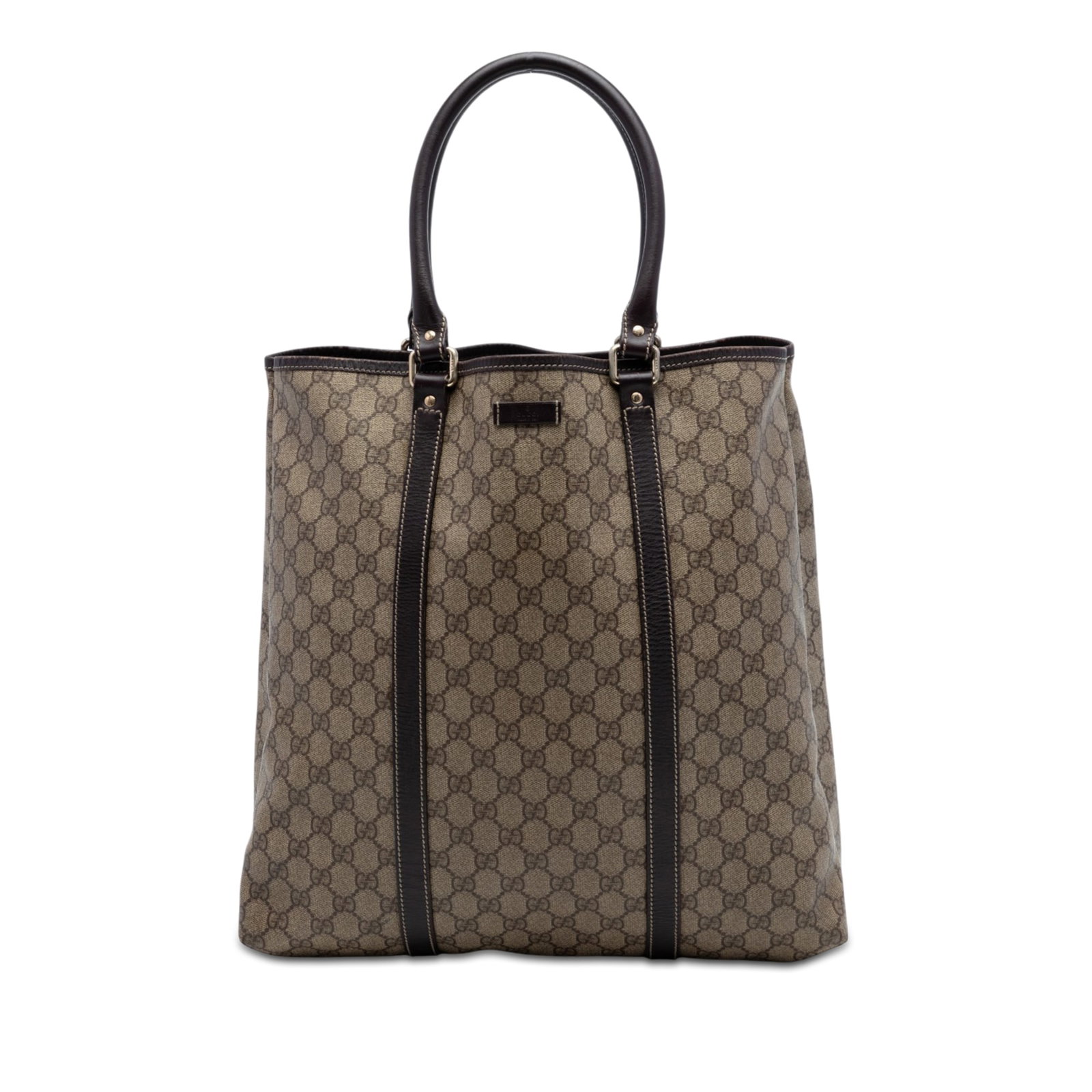 Gucci beige coated canvas tote with leather trim: Gucci beige coated canvas tote with leather trim This Gucci GG Supreme Joy Vertical Tote is crafted from coated canvas with leather trim and features rolled leather handles. The bag has an open top wi