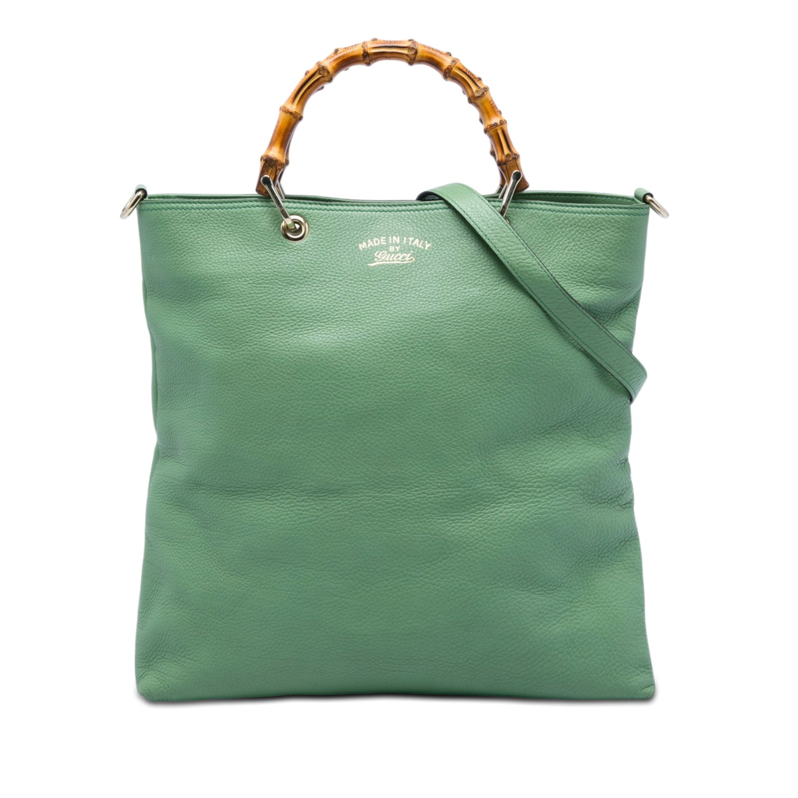 Gucci Bamboo Shopper Tote Tall Green Calfskin Satchel: Gucci Bamboo Shopper Tote Tall Green Calfskin Satchel Gucci Tall Calfskin Bamboo Shopper Tote crafted in leather with signature bamboo handles and a detachable flat leather strap. The bag features an 