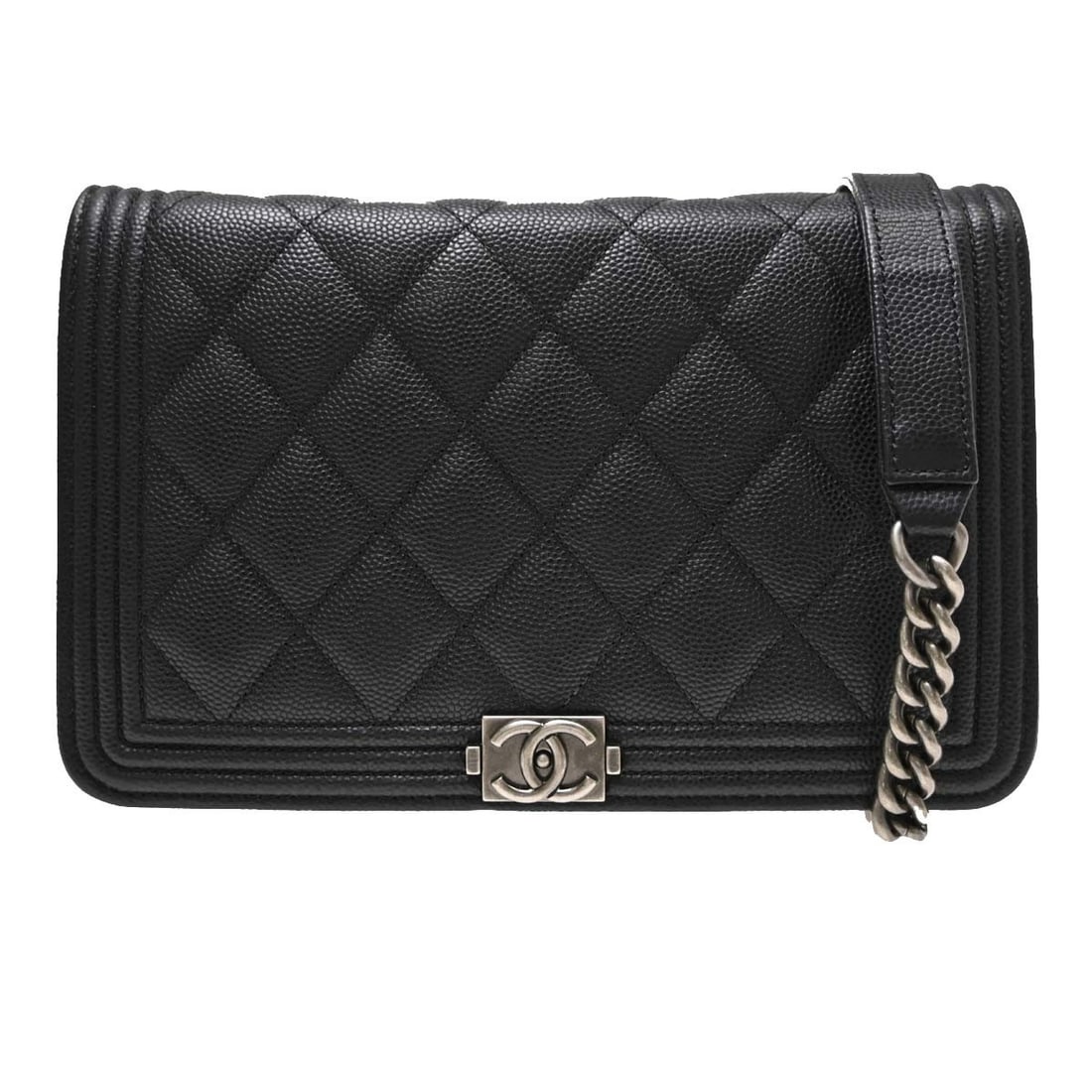 CHANEL Boy WOC shoulder bag black caviar leather chain strap: CHANEL Boy WOC shoulder bag black caviar leather chain strap Vintage Chanel Boy chain wallet on chain shoulder bag in black caviar skin leather with a push-lock closure, fabric lining, and silver-colo