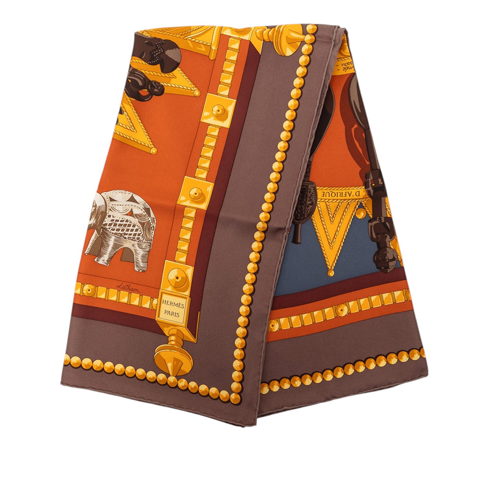 Hermes Cuillers d Afrique 90 Silk Scarf Orange: Hermes Cuillers d Afrique 90 Silk Scarf Orange Hermes Cuillers d Afrique Silk Scarf 90 featuring a printed design on 100% silk. It is an accessories item from France in orange, with a condition rating