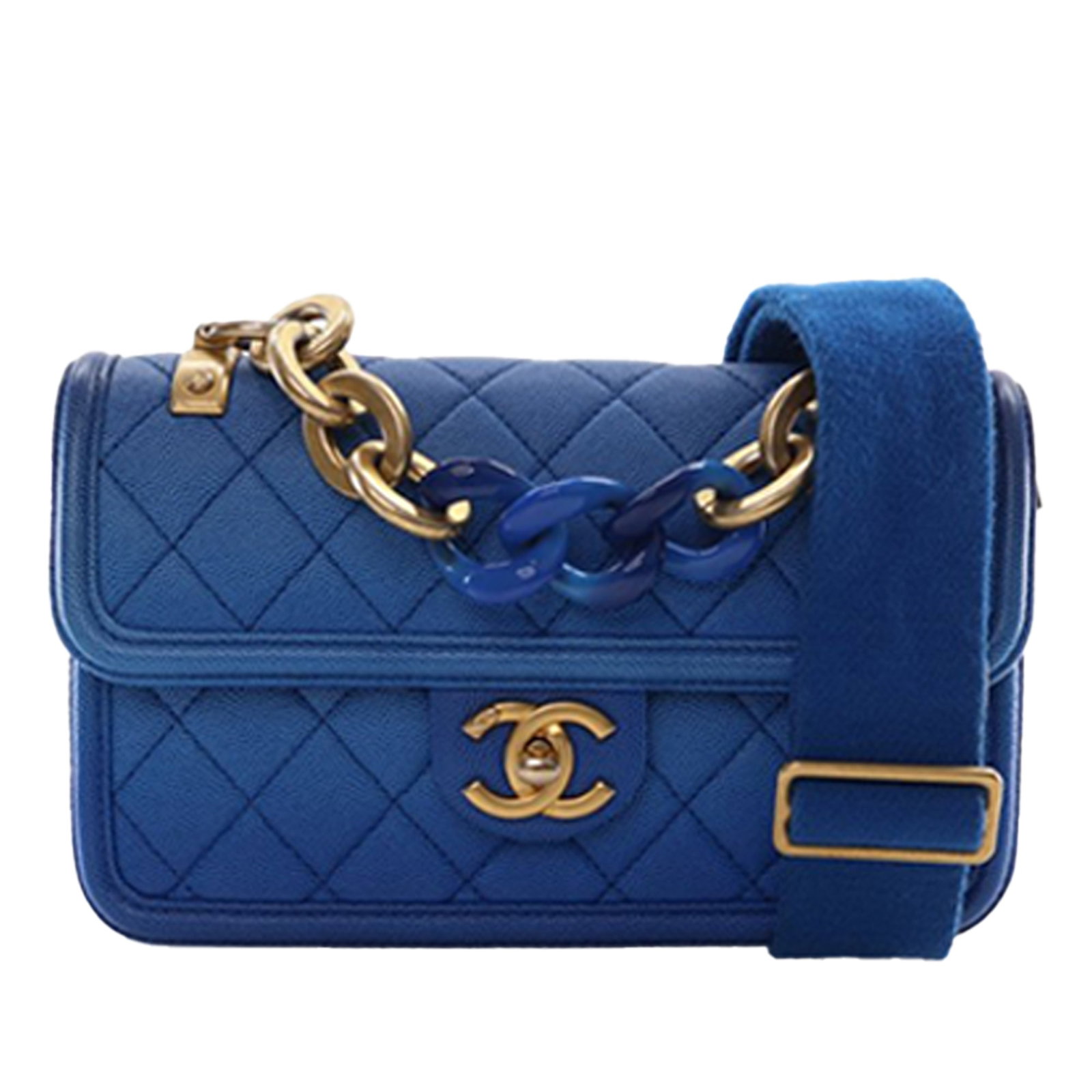 Chanel Sunset On The Sea Small Caviar Flap Bag Blue: Chanel Sunset On The Sea Small Caviar Flap Bag Blue Small Chanel Sunset On The Sea flap bag crafted in quilted caviar leather. This flap style features a curb acrylic chain handle, an adjustable flat 