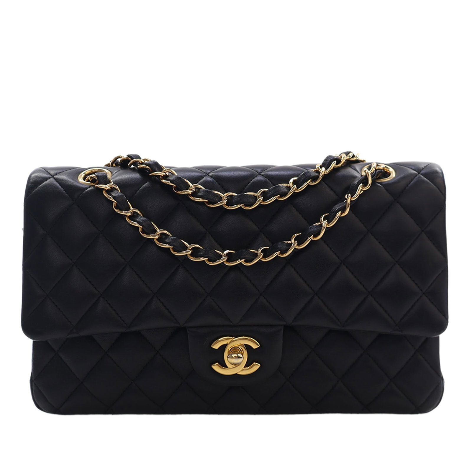 Chanel Medium Classic Double Flap Shoulder Bag Black Lambskin: Chanel Medium Classic Double Flap Shoulder Bag Black Lambskin Chanel Medium Classic Lambskin Double Flap shoulder bag in black quilted lambskin. This bag features leather-woven chain straps, double fr