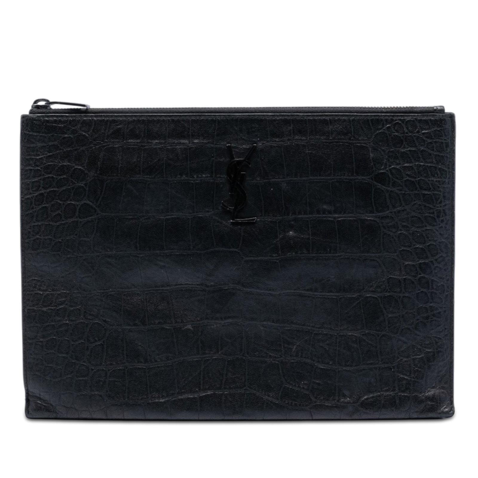 Black Leather Zip Clutch Saint Laurent Monogram Document Holder: Black Leather Zip Clutch Saint Laurent Monogram Document Holder This document holder clutch bag features a croc embossed leather body, a top zip closure, and interior slip pockets. It is finished in b