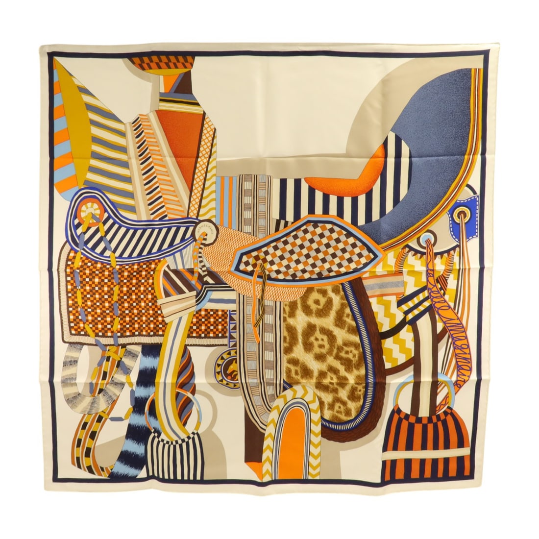 HERMES Silk Scarf 90x90cm Brown Blue White with Storage Box: HERMES Silk Scarf 90x90cm Brown Blue White with Storage Box Hermes silk scarf in a brown, blue, white, and multicolor palette. This women's scarf is made in France and includes a storage box. Conditio
