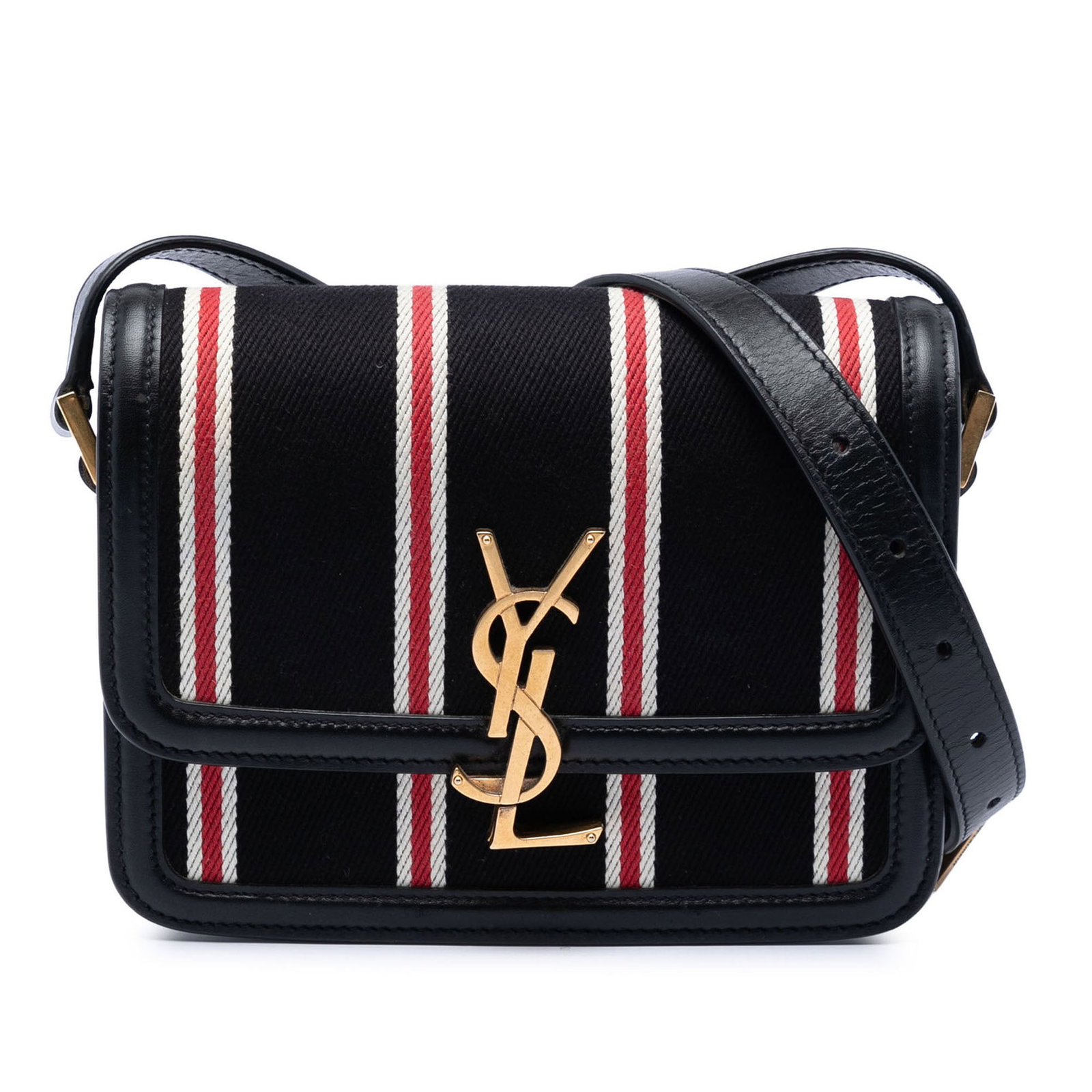 Saint Laurent Solferino Small Striped Canvas Satchel: Saint Laurent Solferino Small Striped Canvas Satchel This Saint Laurent Small Canvas Striped Solferino Satchel features a canvas body with leather trim, an adjustable flat leather strap, a flap with c
