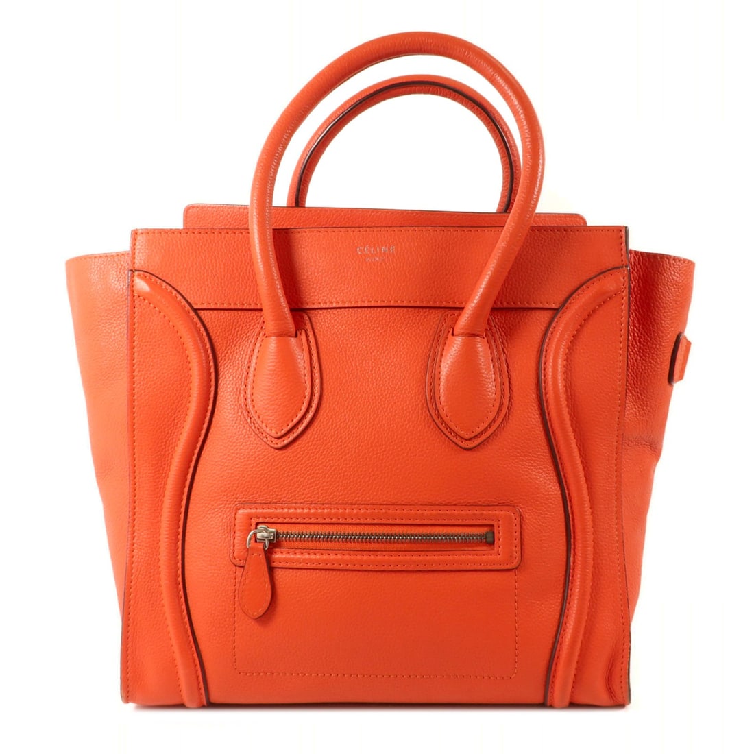 CELINE Mini Luggage Handbag in Red Calfskin F-SA-0132: CELINE Mini Luggage Handbag in Red Calfskin F-SA-0132 Celine Mini Luggage handbag in red calfskin leather with silver-tone hardware. This women's handbag features a structured silhouette with interior