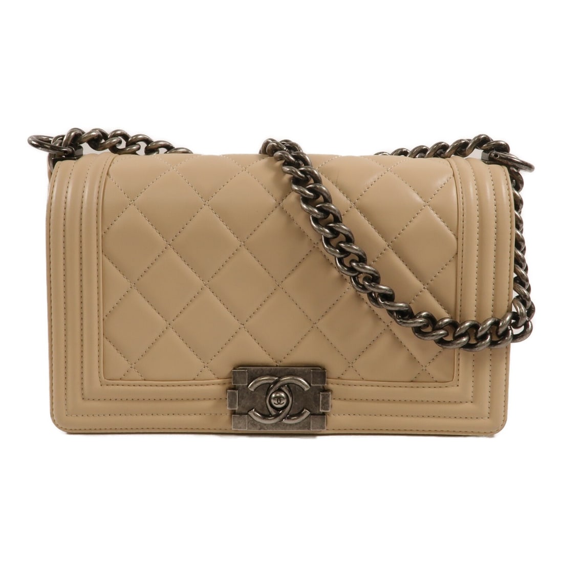 CHANEL Boy 25 Beige Lambskin Chain Shoulder Bag CC SHW: CHANEL Boy 25 Beige Lambskin Chain Shoulder Bag CC SHW CHANEL Boy 25 shoulder bag in beige lambskin (sheep leather) with CC hardware and a chain shoulder strap. It features a flap pocket and comes wit