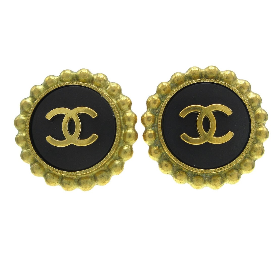 Chanel 95P Button Clip-On Earrings Black Gold Tone Logo (1 of 5)