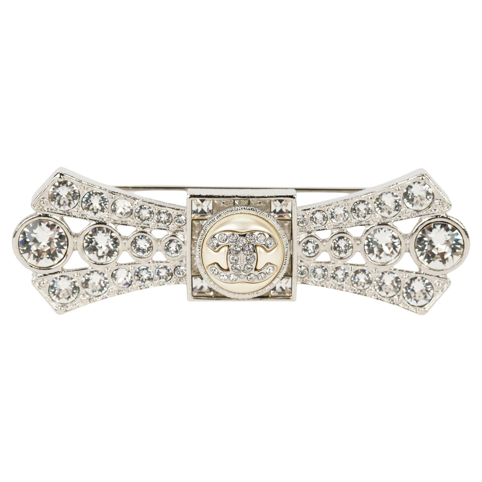 Chanel crystal bow pin with gripoix pearl beads in box: Chanel crystal bow pin with gripoix pearl beads in box Chanel silver bow pin from the Spring Summer 2023 collection, featuring crystal accents and center Gripoix pearl beads. Presented in un-used, new