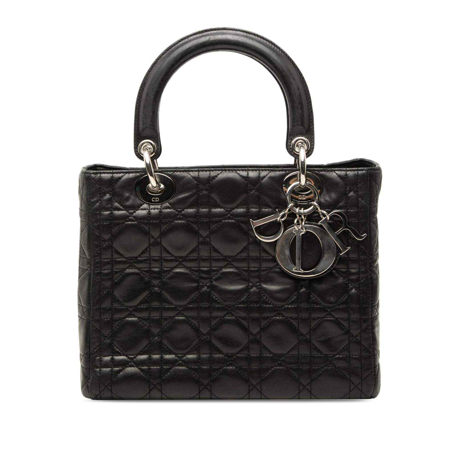 Dior Lady Dior Medium Cannage Lambskin Handbag Black: Dior Lady Dior Medium Cannage Lambskin Handbag Black Medium Lady Dior handbag in black quilted lambskin leather with Cannage stitching. It features flat leather top handles, a top zip closure, and an 