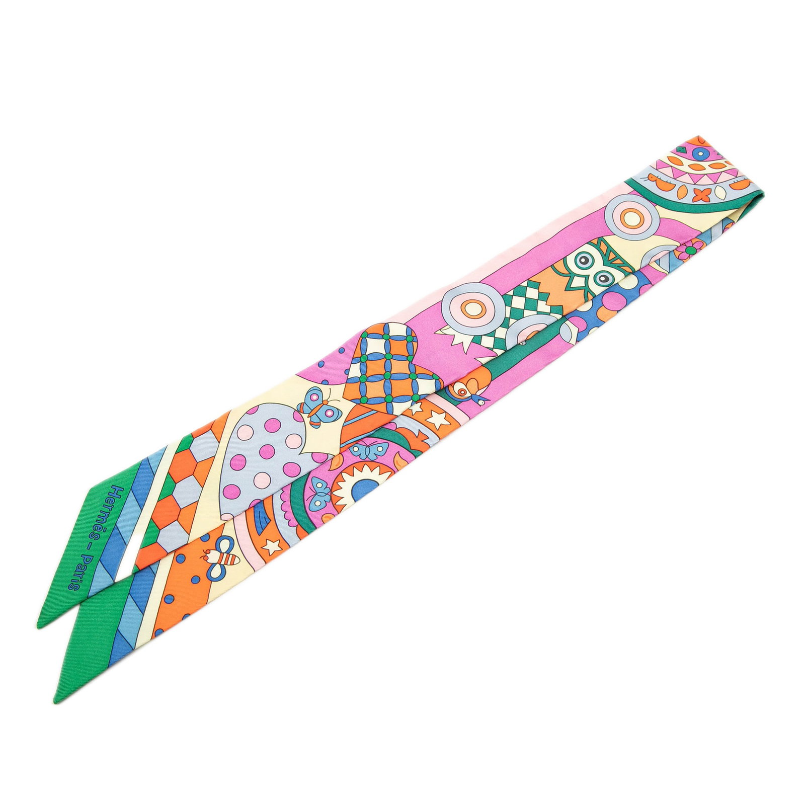 Hermes Les Murmures De La Foret Pink Silk Twilly: Hermes Les Murmures De La Foret Pink Silk Twilly This Hermes Twilly scarf showcases the Les Murmures De La Foret print in a pink colorway, crafted from 100% silk. Made in France, it is a stylish acces