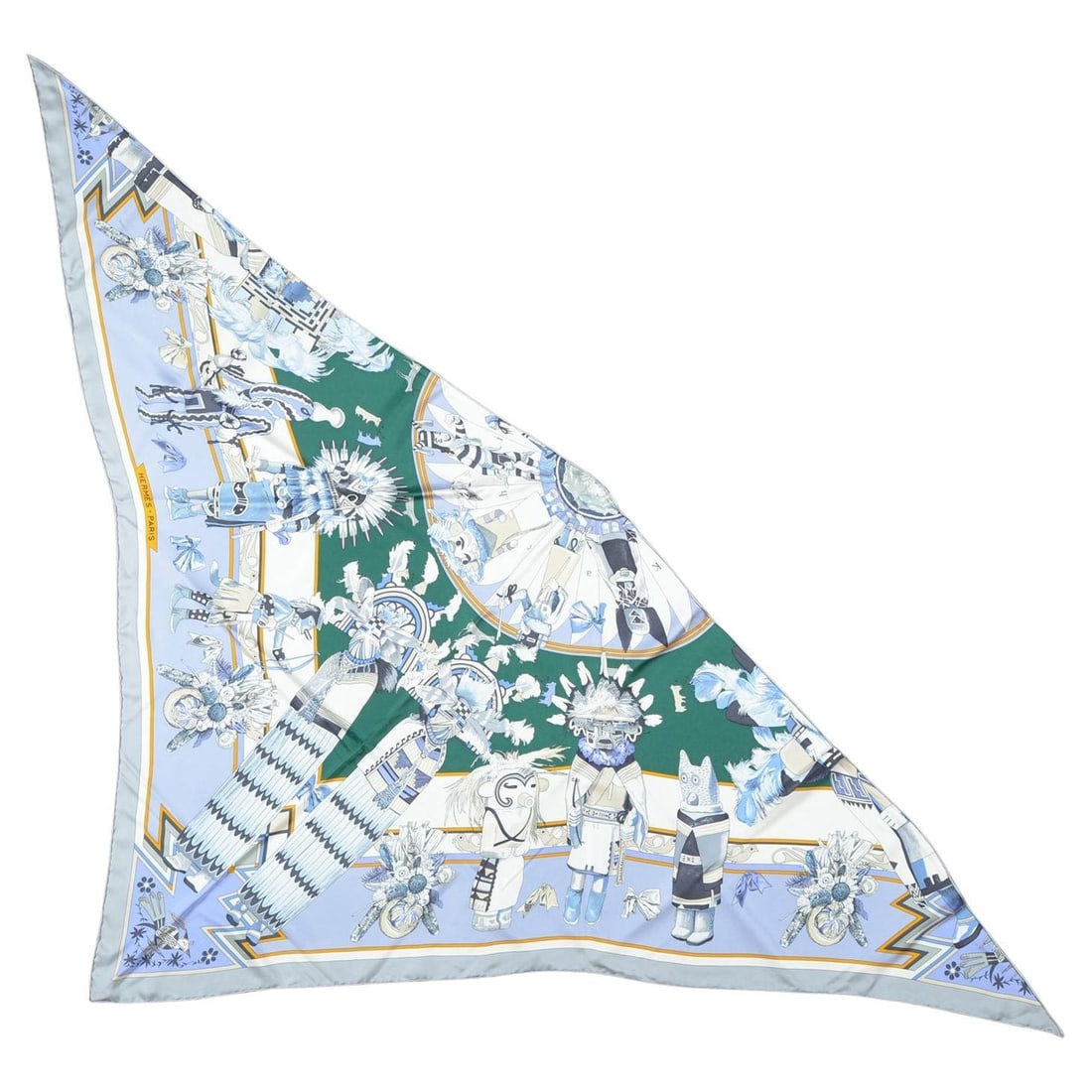 Triangle Silk Hermes Kachinas Scarf by Kermit Oliver with Box: Triangle Silk Hermes Kachinas Scarf by Kermit Oliver with Box This Hermes "Kachinas" triangle scarf is crafted from 100% silk and features a light blue background. Designed by artist Kermit Oliver, th