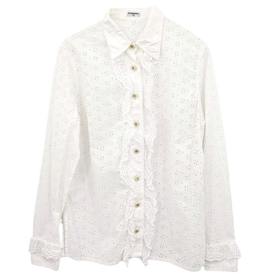 CHANEL White Cotton Collared Long Sleeve Blouse: CHANEL White Cotton Collared Long Sleeve Blouse Vintage CHANEL white blouse shirt for women with a collared neckline and long sleeves. Made from 100% cotton, this regular-fit blouse shows light signs 