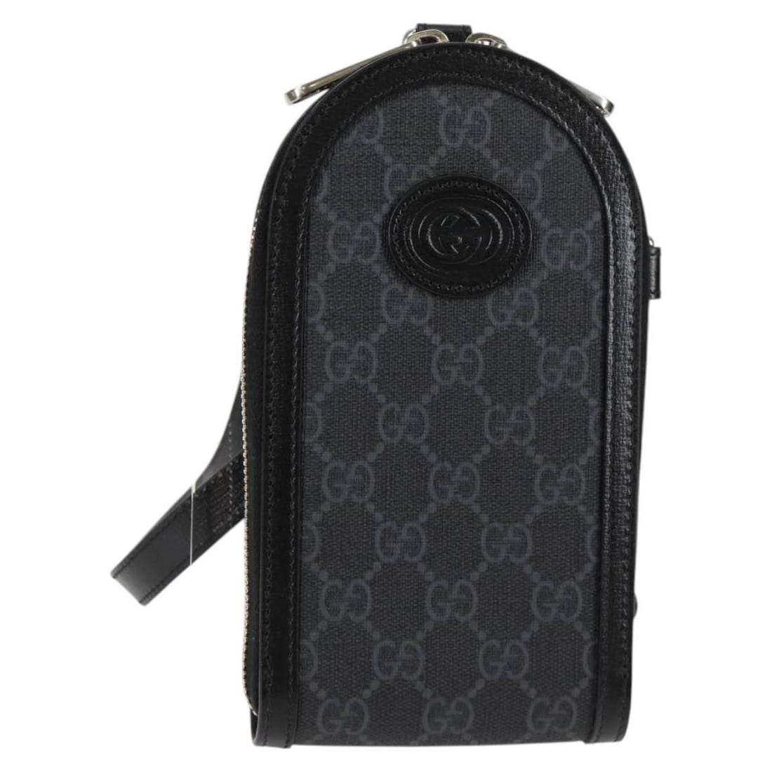 GUCCI 724357 GG Supreme PVC Leather Phone Shoulder Bag Black Silver: GUCCI 724357 GG Supreme PVC Leather Phone Shoulder Bag Black Silver Compact Gucci shoulder bag in black and silver GG Supreme canvas with PVC leather trim. Designed as a phone holder style bag, it inc