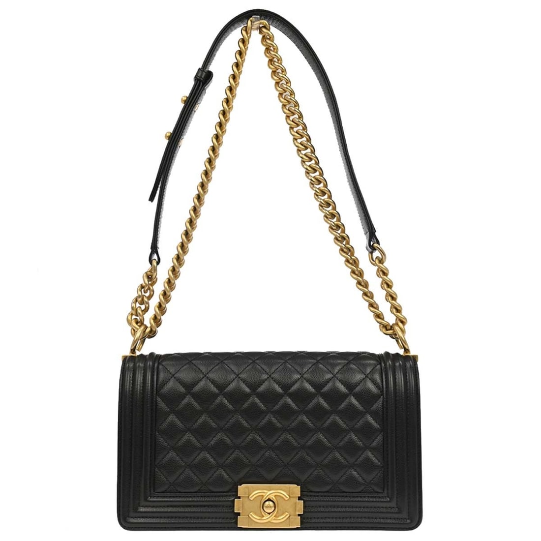 CHANEL Boy Medium Shoulder Bag Black Calfskin Chain Strap: CHANEL Boy Medium Shoulder Bag Black Calfskin Chain Strap Chanel Boy Medium shoulder bag in black caviar skin leather with a push-lock closure, chain shoulder strap, fabric lining, and one interior po