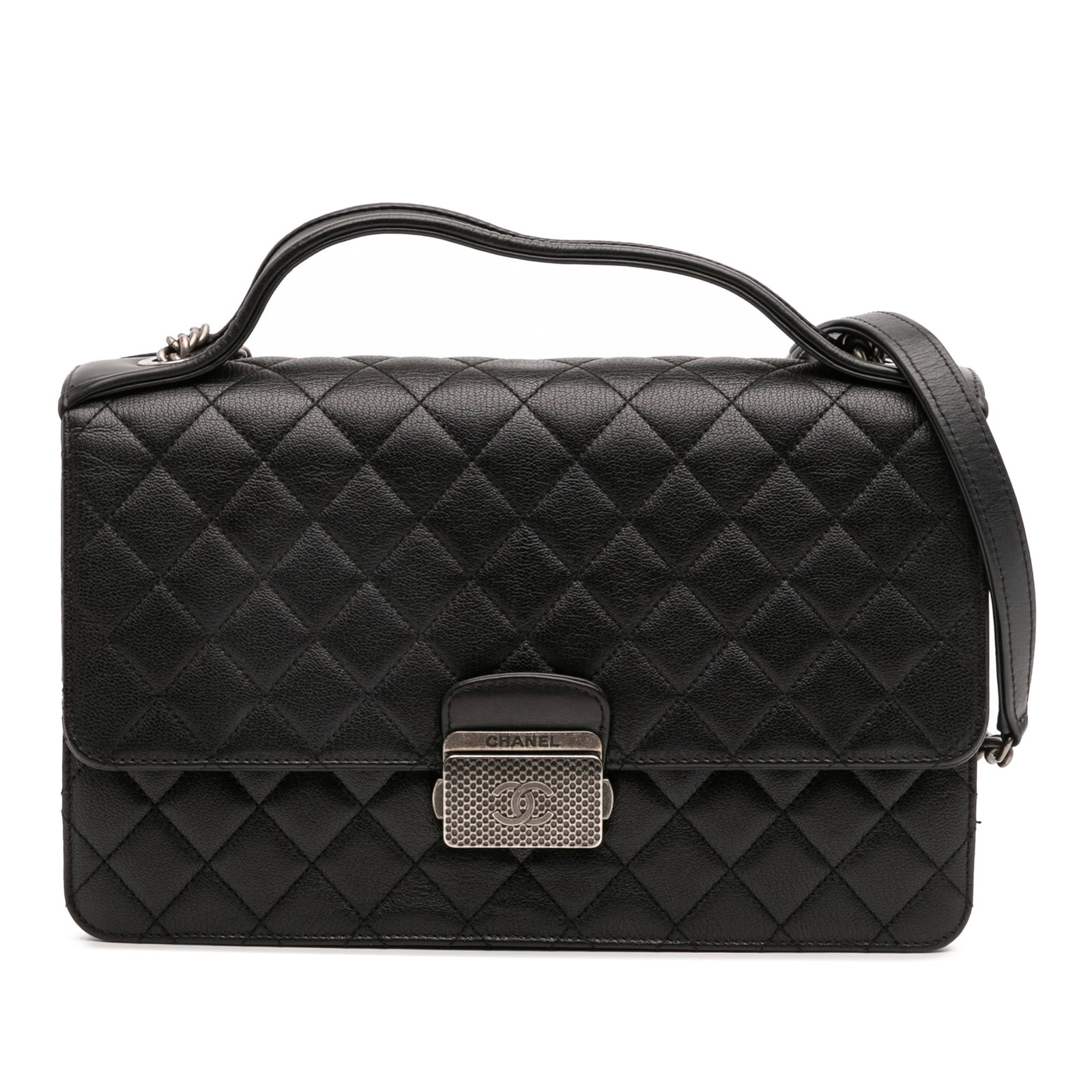 Chanel Medium Quilted Goatskin CC University Flap Black Shoulder Bag: Chanel Medium Quilted Goatskin CC University Flap Black Shoulder Bag This elegant Chanel Medium Quilted Goatskin CC University Flap shoulder bag showcases a luxurious quilted goatskin leather body in 