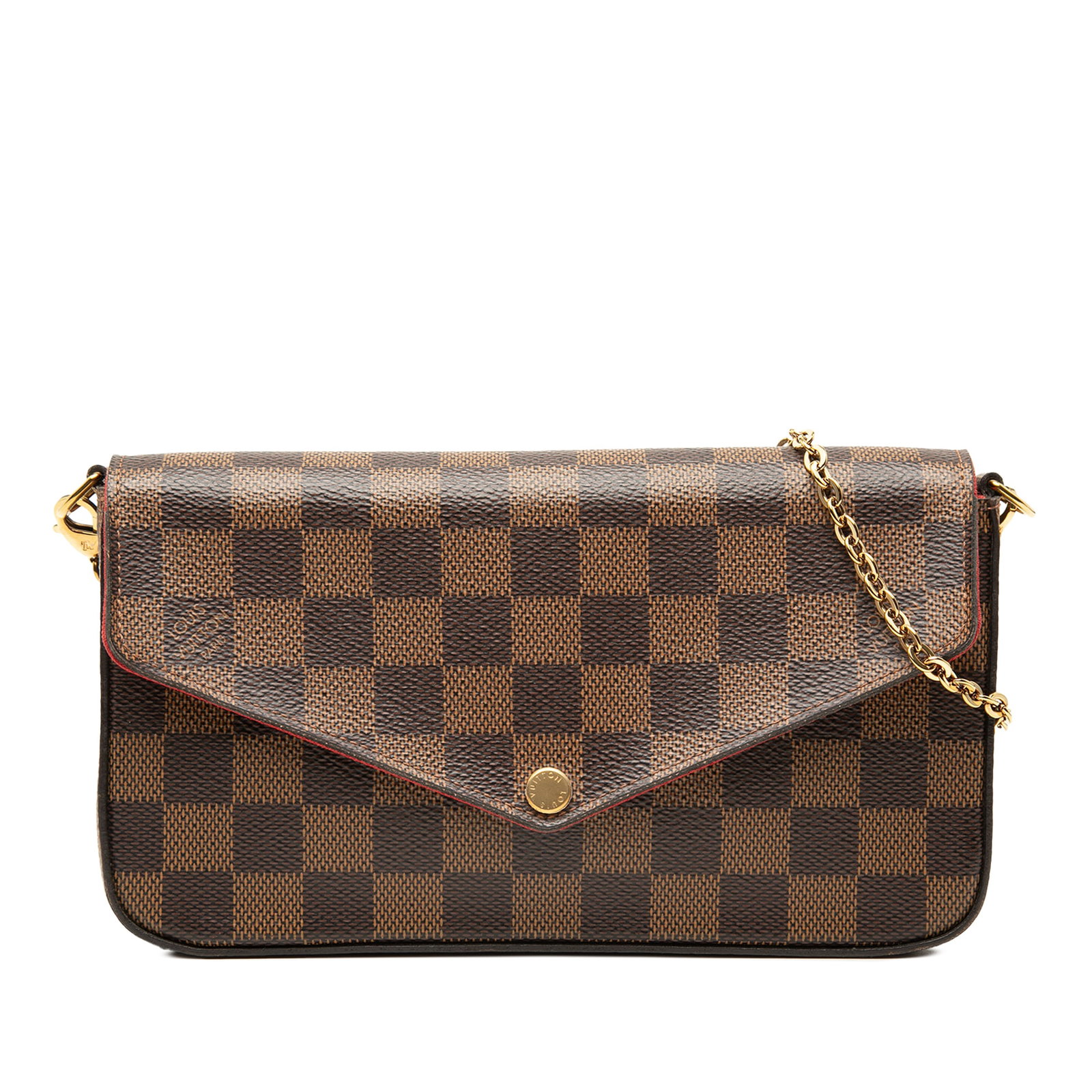Louis Vuitton Pochette Felicie Damier Ebene Crossbody Bag: Louis Vuitton Pochette Felicie Damier Ebene Crossbody Bag Louis Vuitton Damier Ebene Pochette Felicie crossbody bag with a flap front and snap button closure. The bag features a detachable chain link 