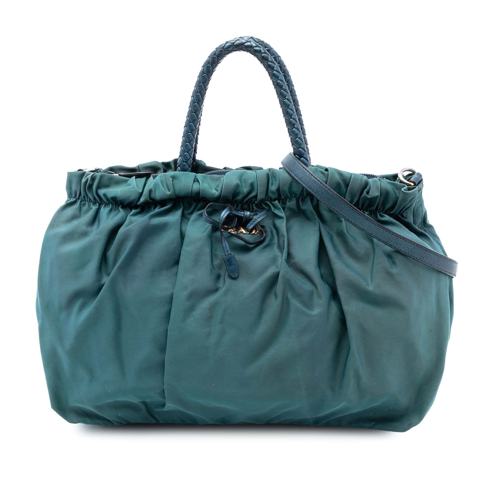 Prada Tessuto Blue Nylon Satchel with Bow and Braided Leather Handles: Prada Tessuto Blue Nylon Satchel with Bow and Braided Leather Handles The Prada Tessuto Bow Satchel is crafted from durable blue nylon fabric and features braided leather handles along with a detachab