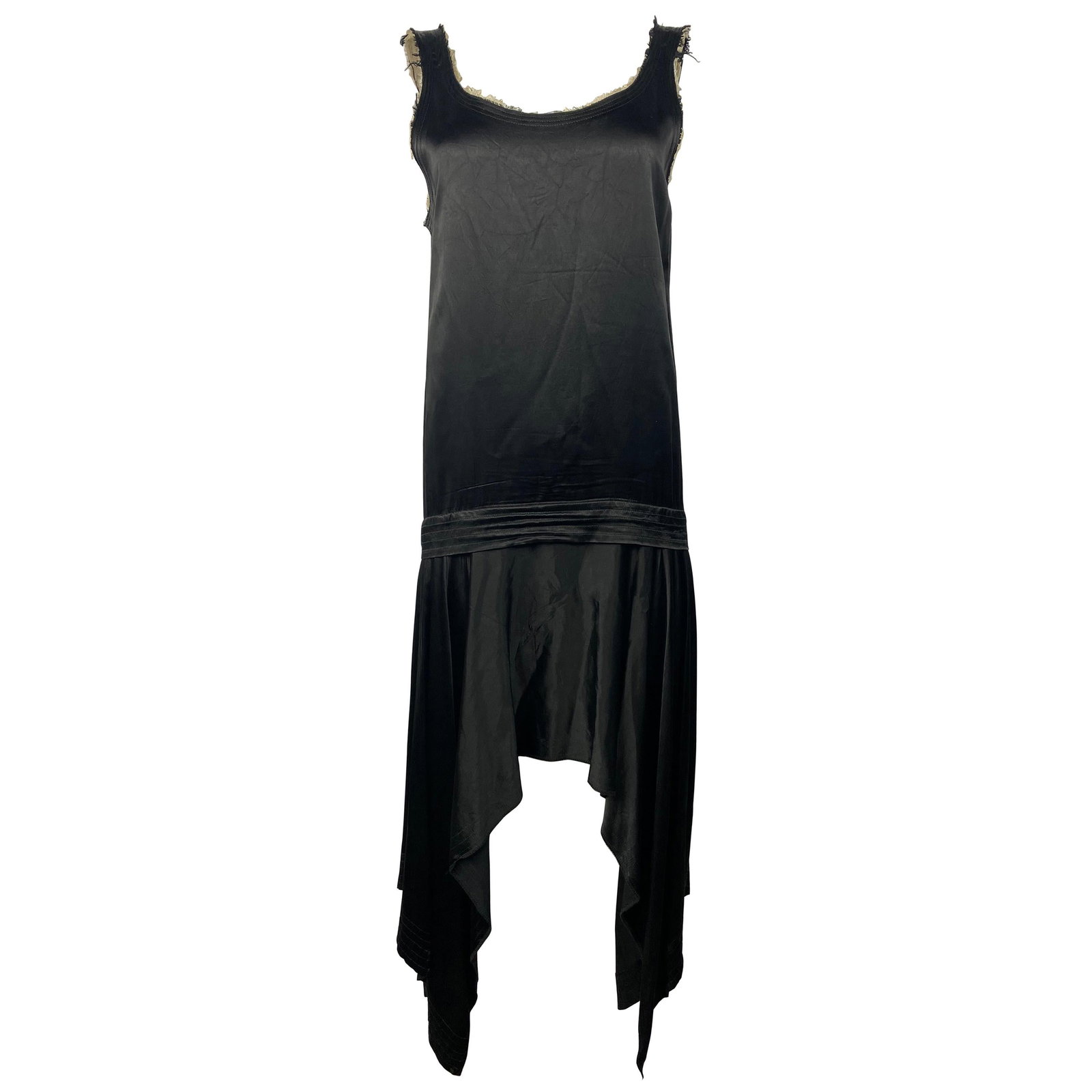 Yohji Yamamoto asymmetrical maxi dress in black with beige trim size 3: Yohji Yamamoto asymmetrical maxi dress in black with beige trim size 3 Yohji Yamamoto maxi dress in black with beige trimming, featuring sleeves, a crew neck, and an asymmetrical skirt design. Made in