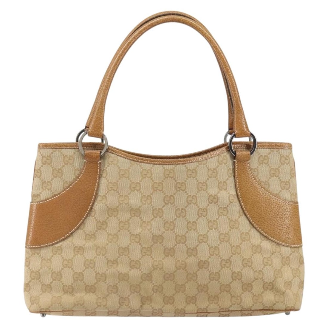 Beige GG Canvas Ring Tote by Gucci Vintage Collection: Beige GG Canvas Ring Tote by Gucci Vintage Collection This Gucci Vintage Ring Tote is crafted from GG canvas with leather accents in a beige color. Designed for women, it features a spacious interior 