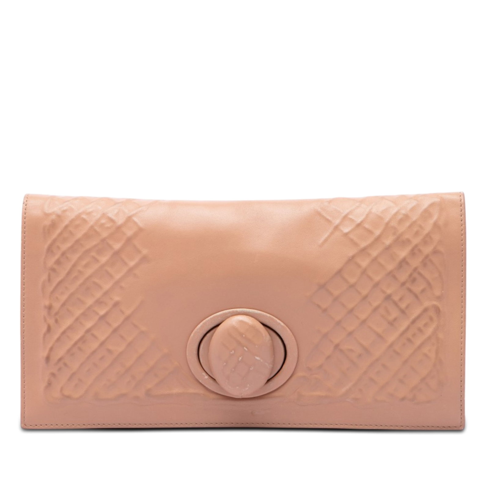 Bottega Veneta Turn Lock Clutch in Brown Embossed Intrecciato Leather: Bottega Veneta Turn Lock Clutch in Brown Embossed Intrecciato Leather Bottega Veneta clutch bag in brown embossed woven leather with a front flap and turn lock closure. The interior includes a zip clo