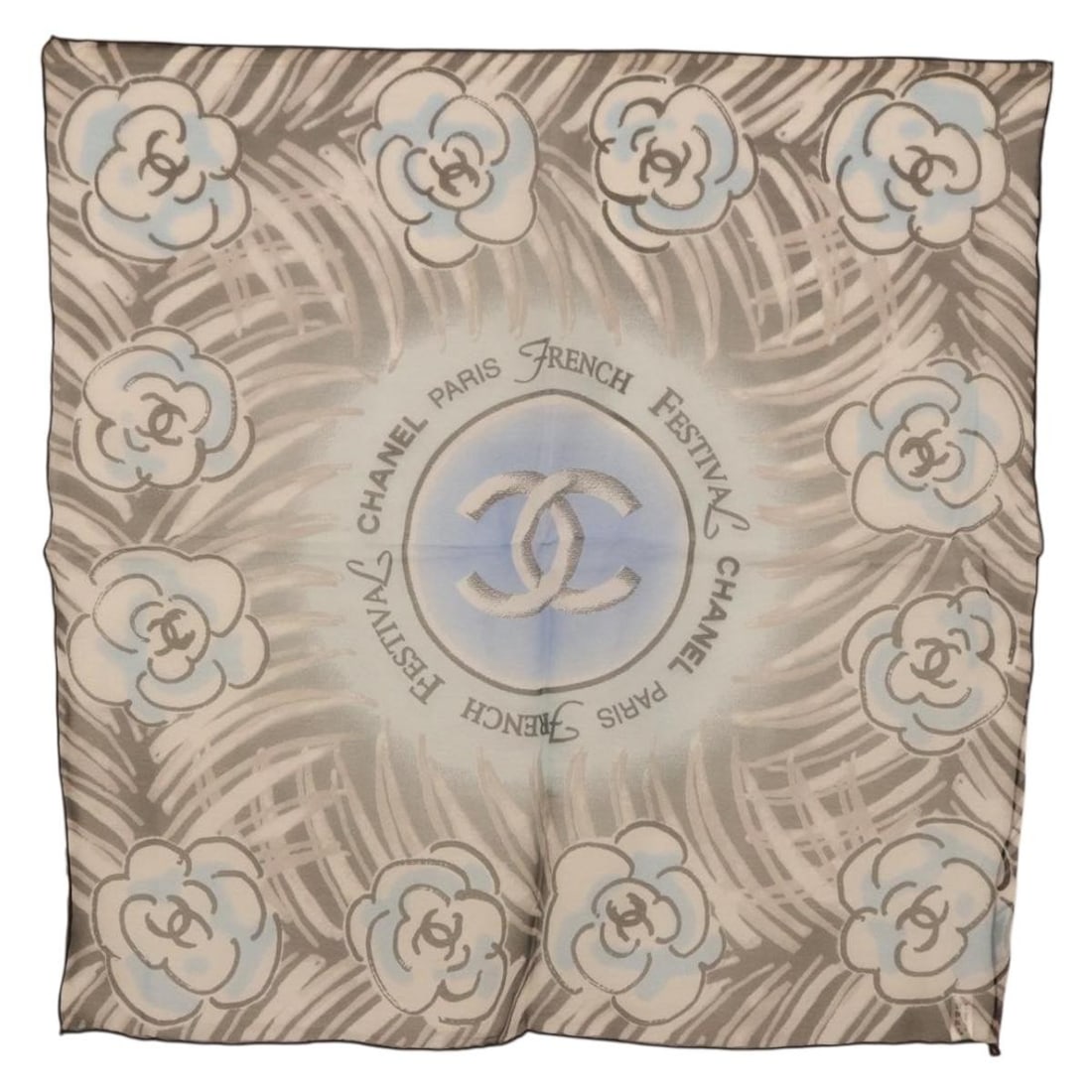 CHANEL Gray Silk CC Scarf 18.5in France 186611A: CHANEL Gray Silk CC Scarf 18.5in France 186611A Authentic CHANEL silk scarf in gray. This women's scarf is made in France and shows reasonable wear and tear consistent with a B rank condition, includi