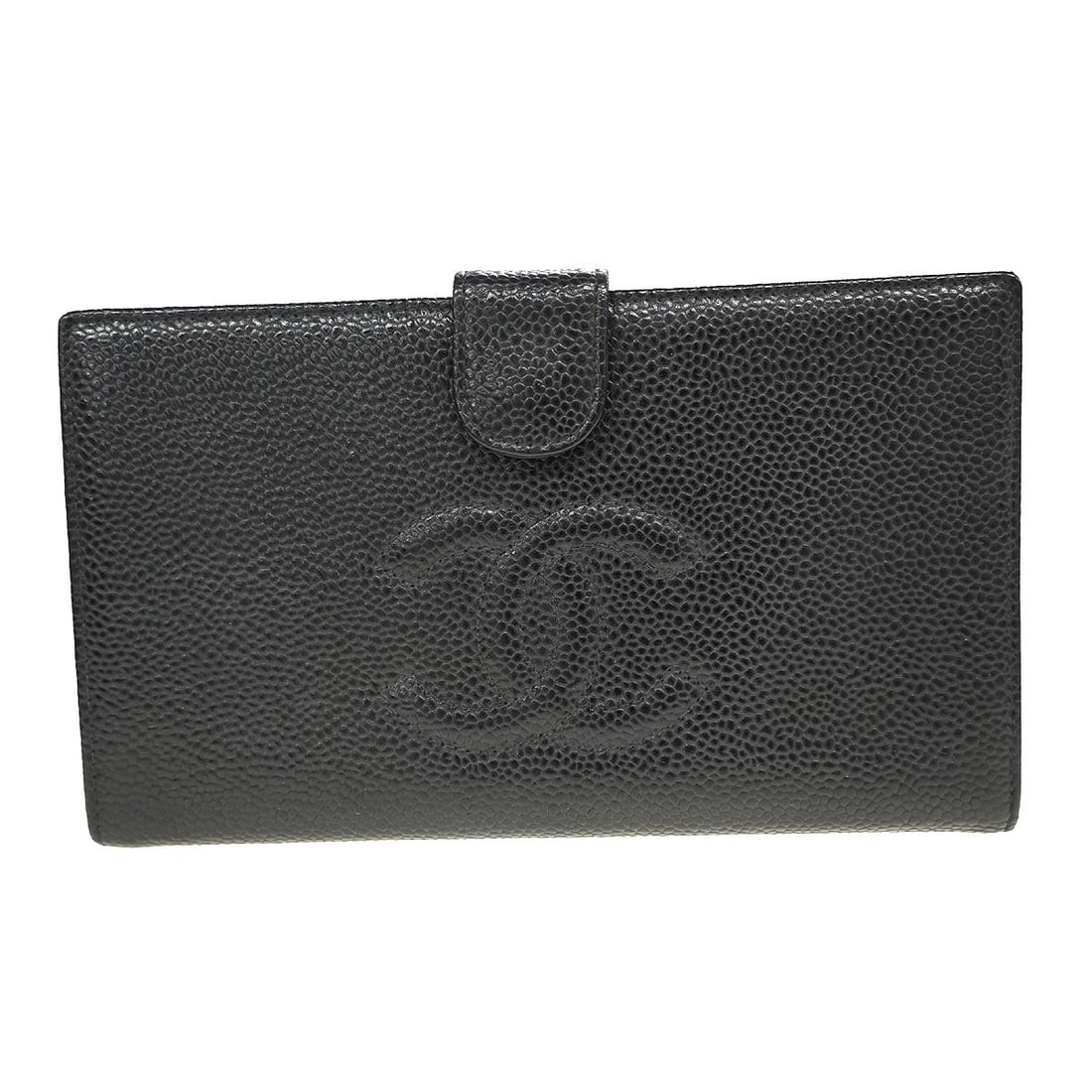 CHANEL Caviar Skin Leather Wallet in Black Made in France: CHANEL Caviar Skin Leather Wallet in Black Made in France Black Chanel wallet in caviar skin leather with a structured interior layout that includes a bill pocket, coin pocket, six card pockets, and t