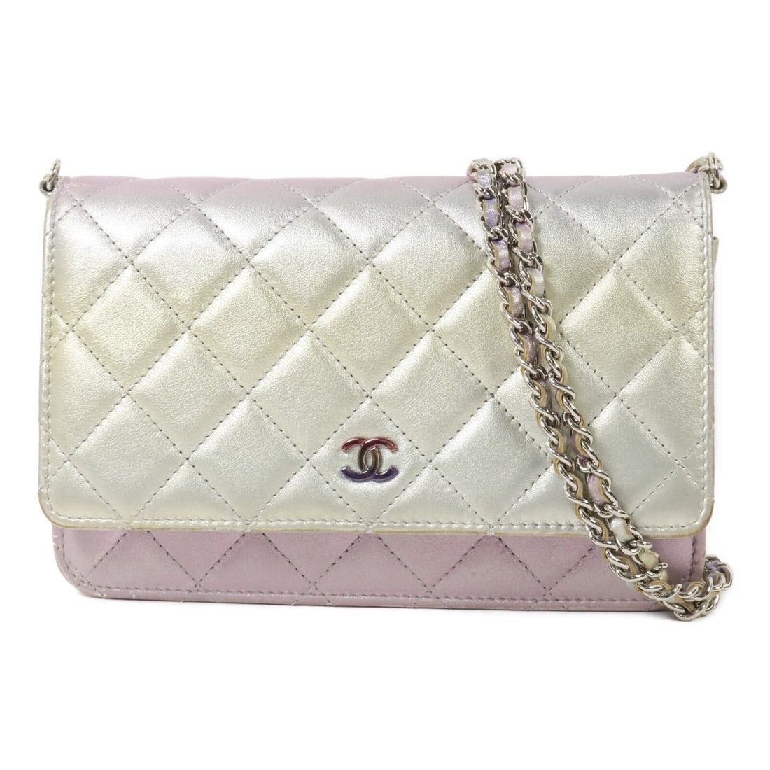 CHANEL AP0250 CC Wallet on Chain Calfskin Shoulder Bag: CHANEL AP0250 CC Wallet on Chain Calfskin Shoulder Bag Chanel CC WOC Wallet on Chain shoulder bag in silver and multicolor calfskin. This women's shoulder bag features a compact wallet-on-chain design