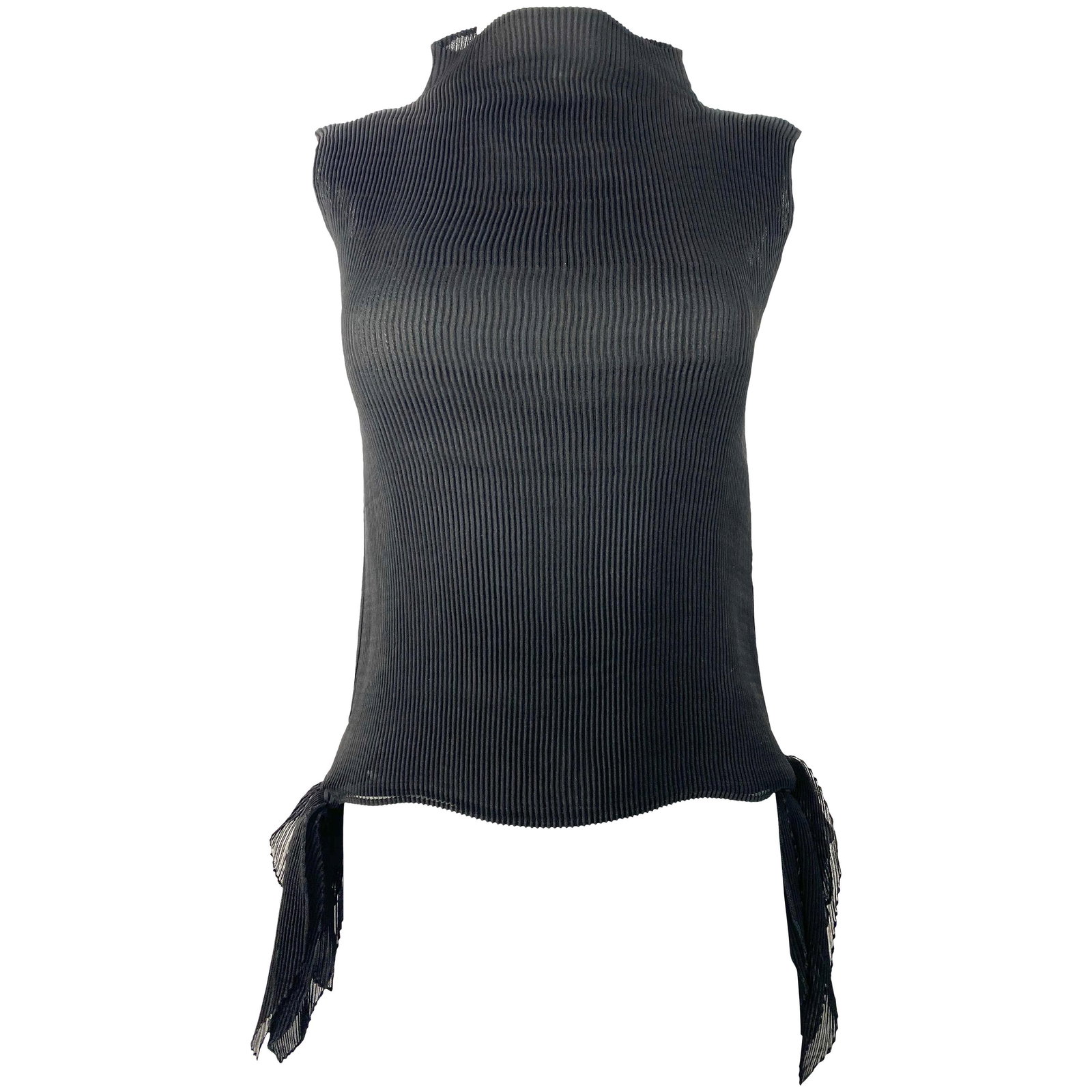 Issey Miyake Pleated Side Tie Sleeveless Black Top Size 2: Issey Miyake Pleated Side Tie Sleeveless Black Top Size 2 A black sleeveless top by Issey Miyake featuring a collar, pleated detail, and side ties design. It is marked size 2 (US) and was made in Japa