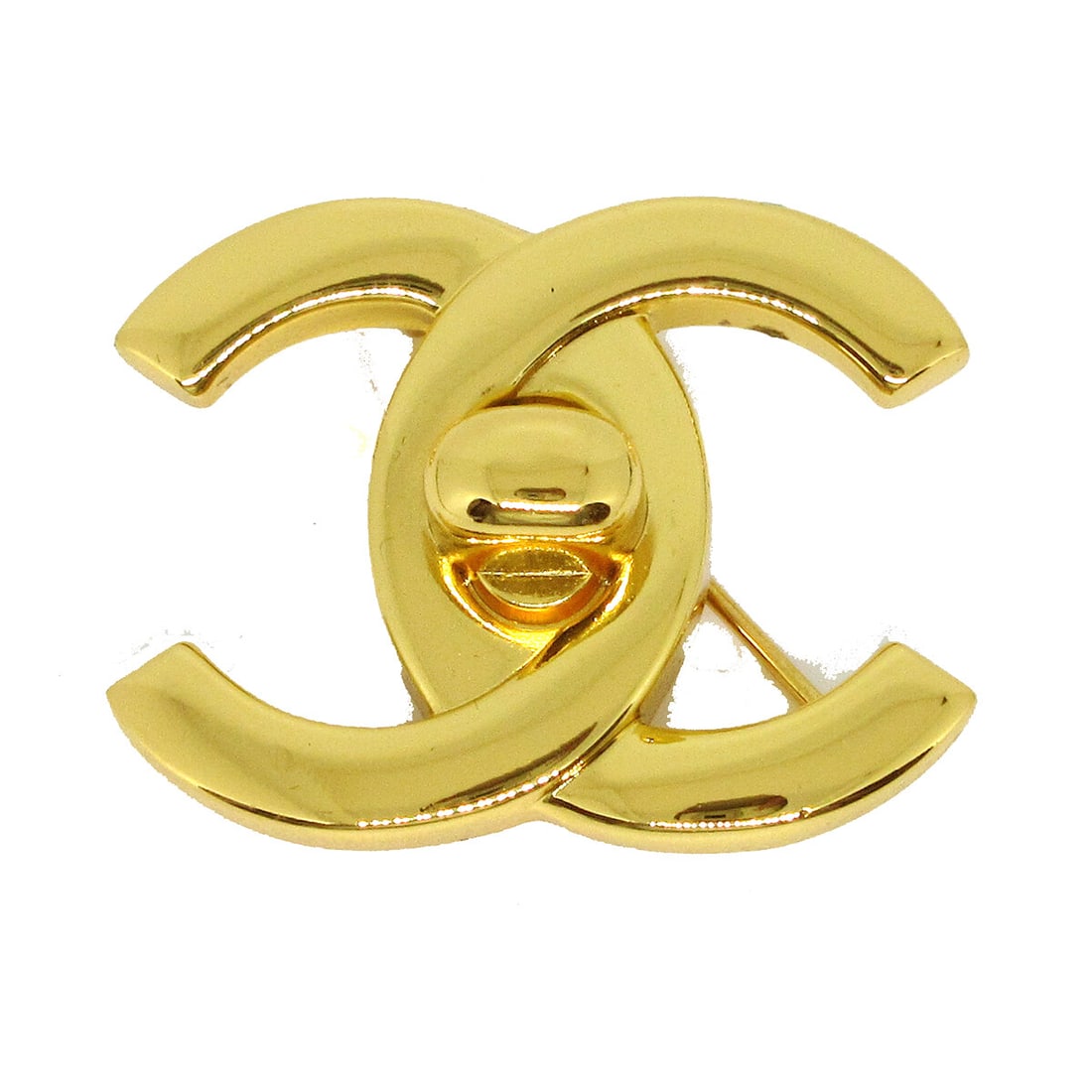 Chanel CC Logo Gold Tone Brooch Pin 96A France: Chanel CC Logo Gold Tone Brooch Pin 96A France Large Chanel CC logo turnlock brooch pin in gold-tone metal with a 96A marking. Made in France, this brooch features the iconic logo design and includes 