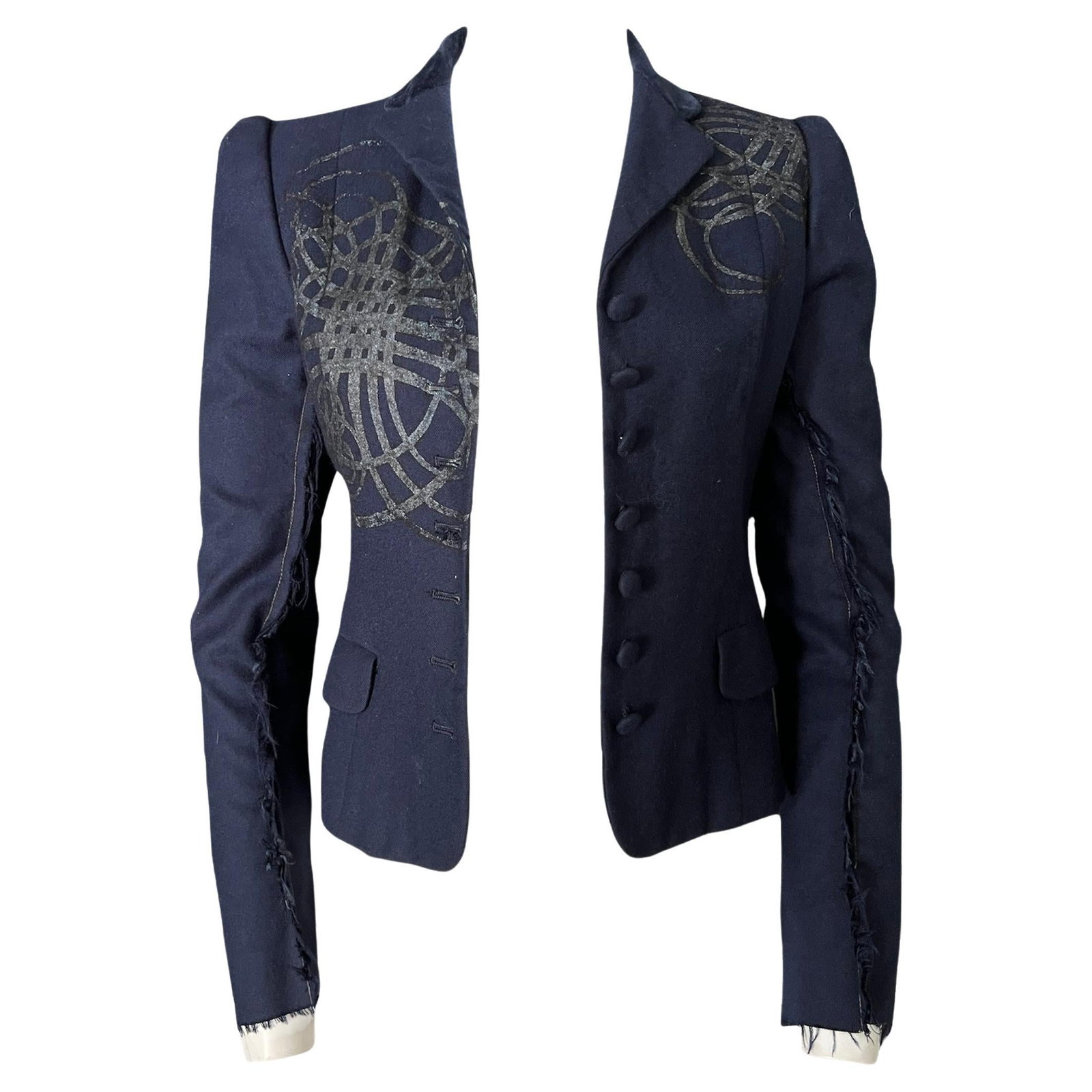 Libertine Geometric Print Blazer Jacket with Velvet Collar XS: Libertine Geometric Print Blazer Jacket with Velvet Collar XS Navy blazer jacket with a velvet collar detail, geometric circle pattern print, front button closure, and fringe detail at the bottom of t