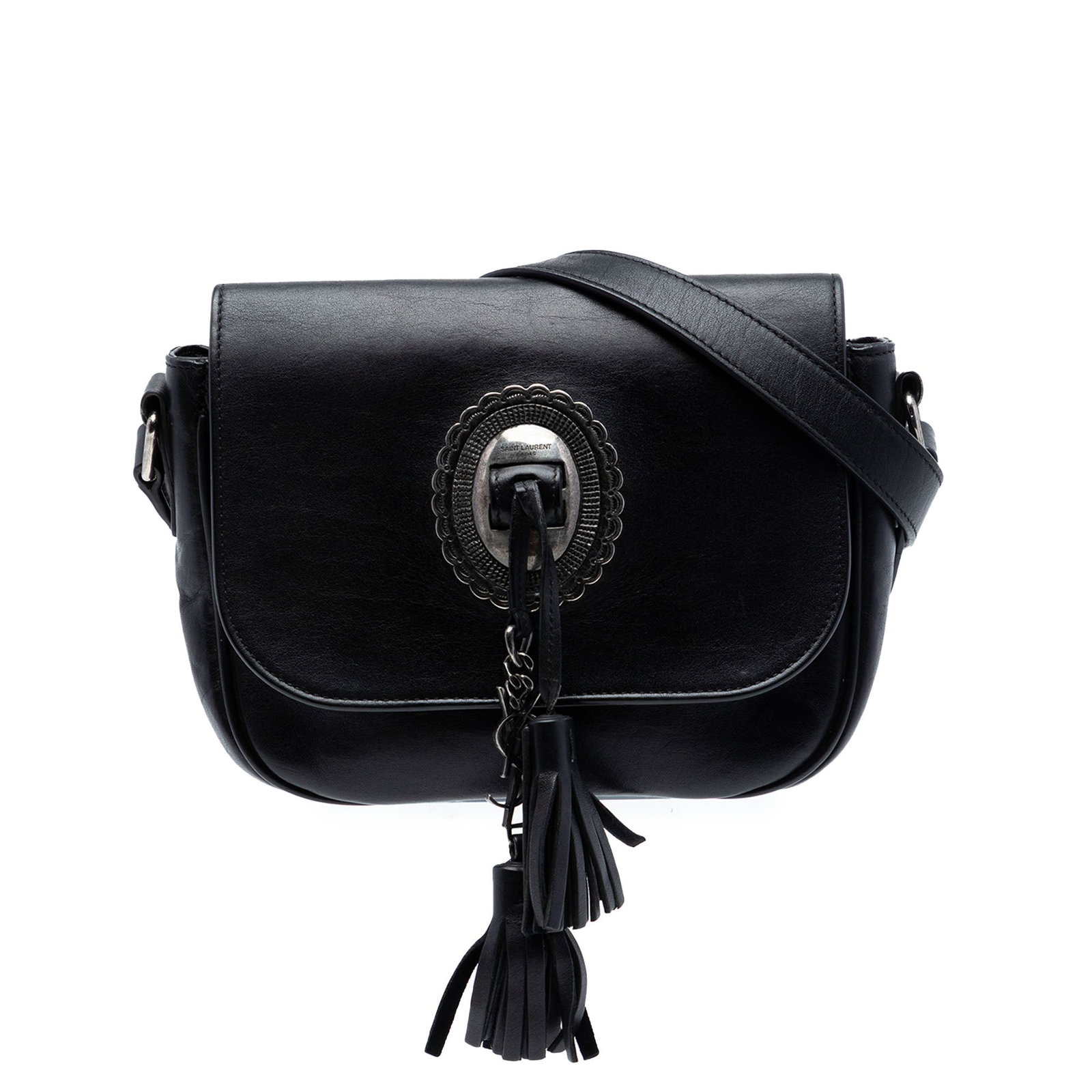 Saint Laurent black leather tassel crossbody bag: Saint Laurent black leather tassel crossbody bag This Saint Laurent Calfskin Kim Tassel Crossbody bag is crafted from black leather and features an adjustable flat leather strap, a front flap with a f