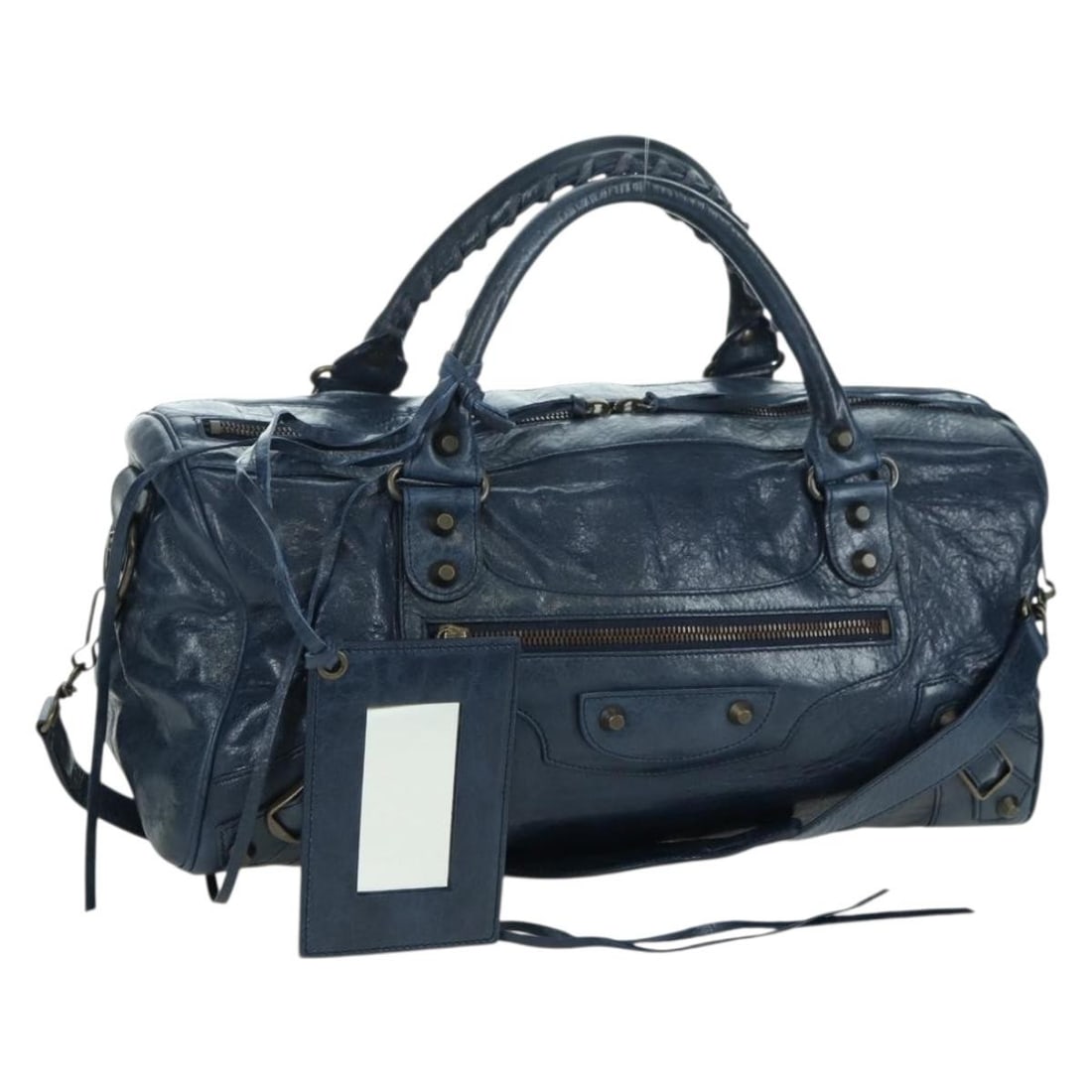 BALENCIAGA Twiggy 2way Leather Handbag Navy with Strap Mirror: BALENCIAGA Twiggy 2way Leather Handbag Navy with Strap Mirror Balenciaga The Twiggy 2-way handbag in navy leather with dual carry options. This women's bag includes a dust bag, shoulder strap, and mir