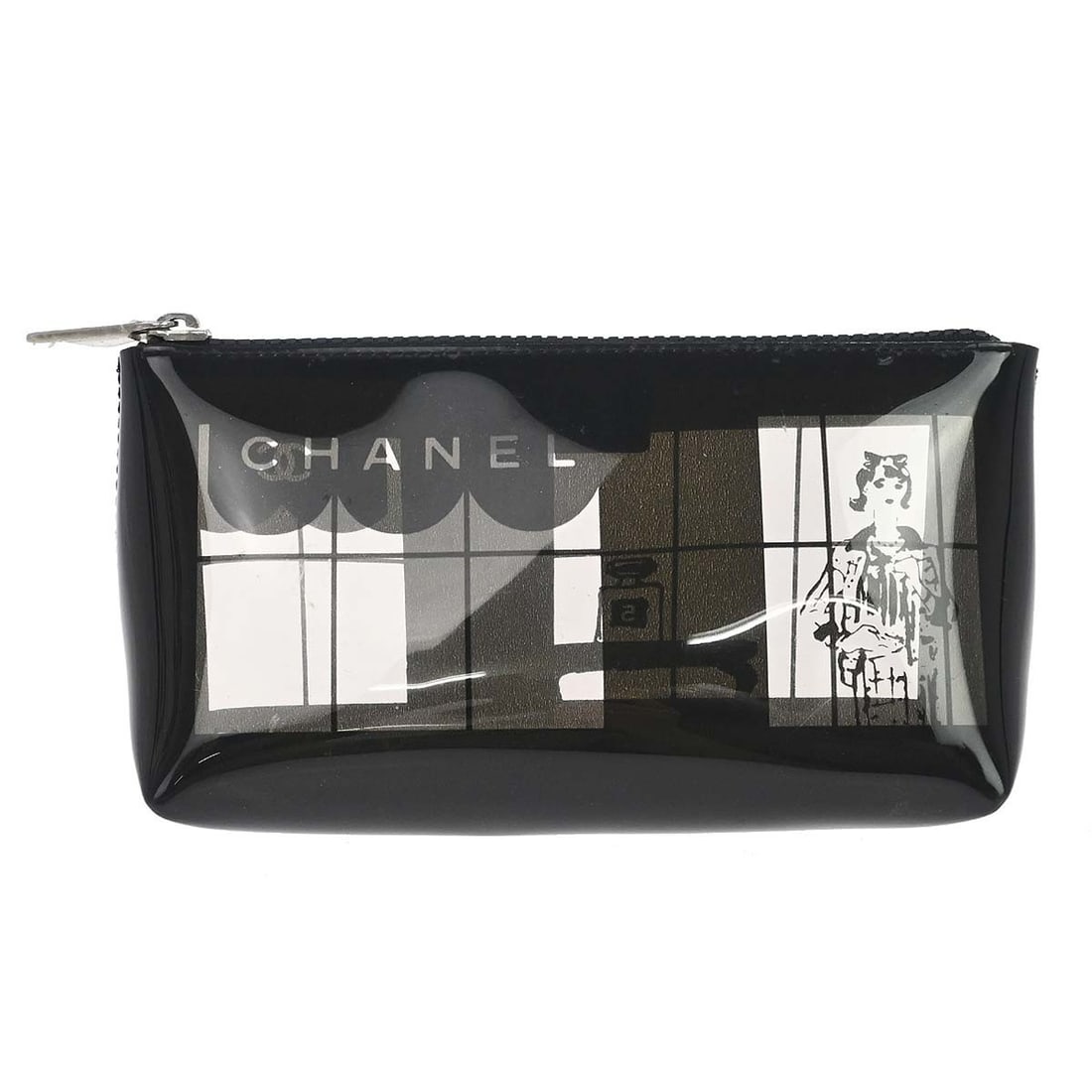 CHANEL Mademoiselle Window Mini Black PVC Zip Clutch: CHANEL Mademoiselle Window Mini Black PVC Zip Clutch Chanel Mademoiselle Window Pouch in black PVC with a zip closure. This mini clutch shows reasonable wear and tear with scratches and dirt noted to 