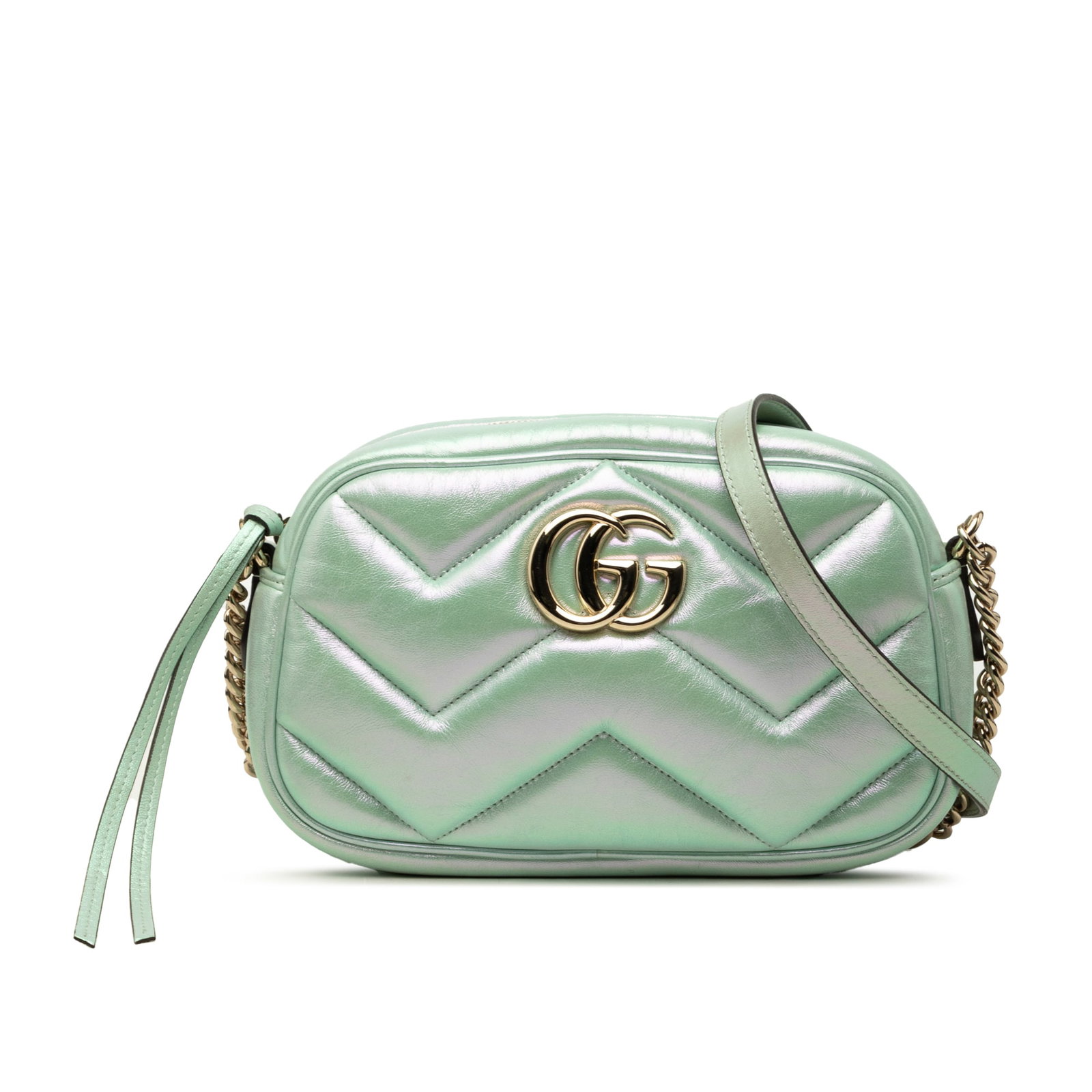 Gucci GG Marmont Small Matelasse Leather Crossbody Bag: Gucci GG Marmont Small Matelasse Leather Crossbody Bag Small GG Marmont Matelasse Iridescent Nappa crossbody bag in green leather with a quilted body, chain link and adjustable leather shoulder strap,