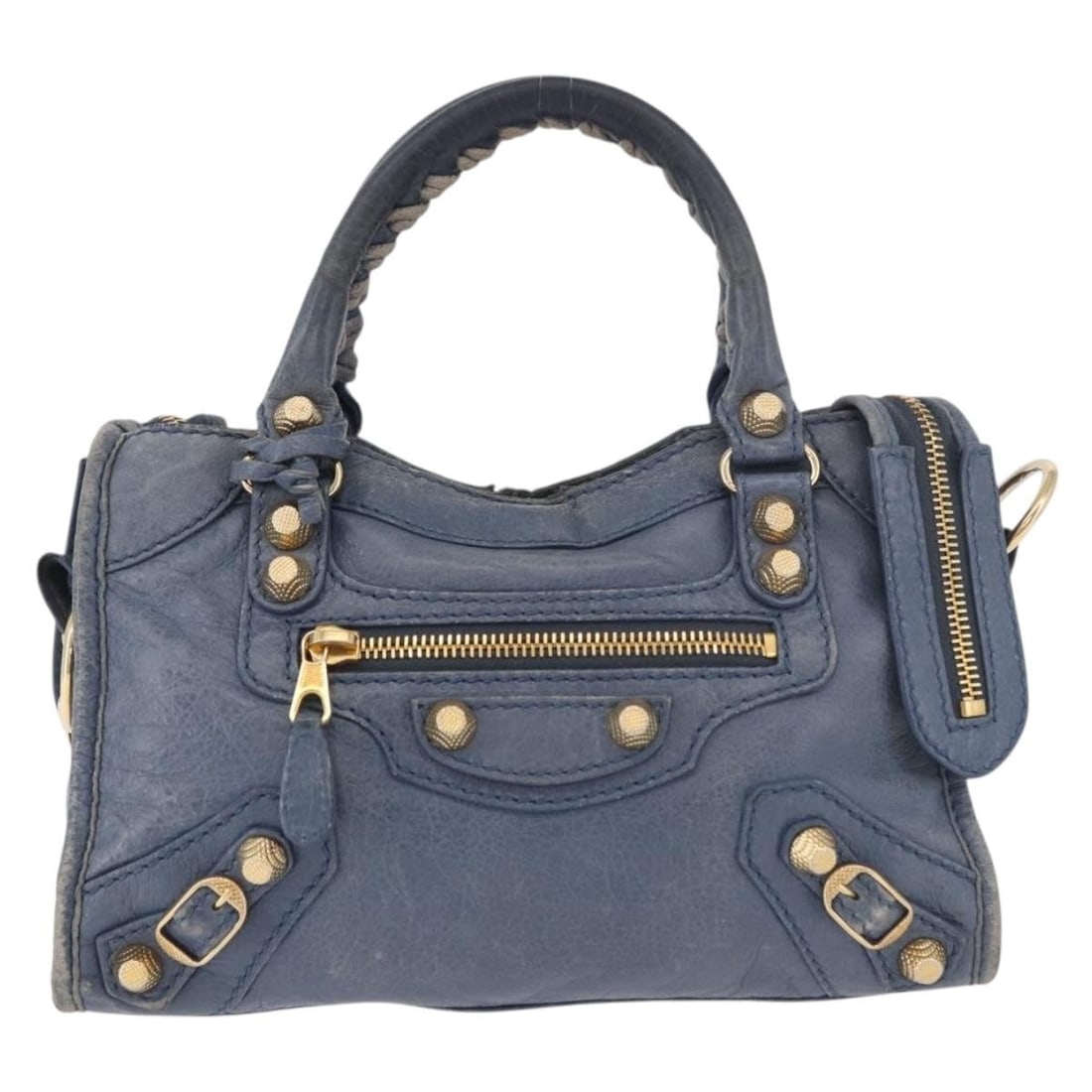Balenciaga City Giant Studs blue leather handbag: Balenciaga City Giant Studs blue leather handbag Balenciaga City Giant Studs leather handbag in blue. This pre-owned piece shows overall worn condition with significant signs of use throughout, includ