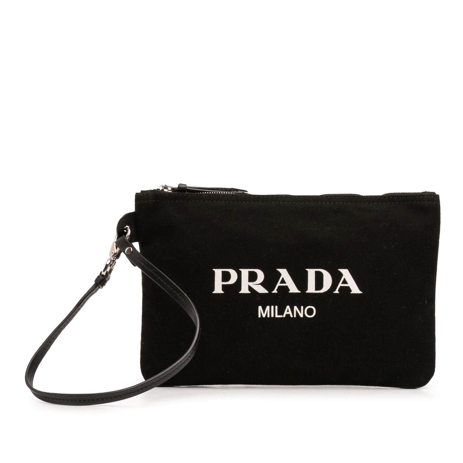 Prada Canapa black canvas wristlet pouch with leather strap (1 of 7)
