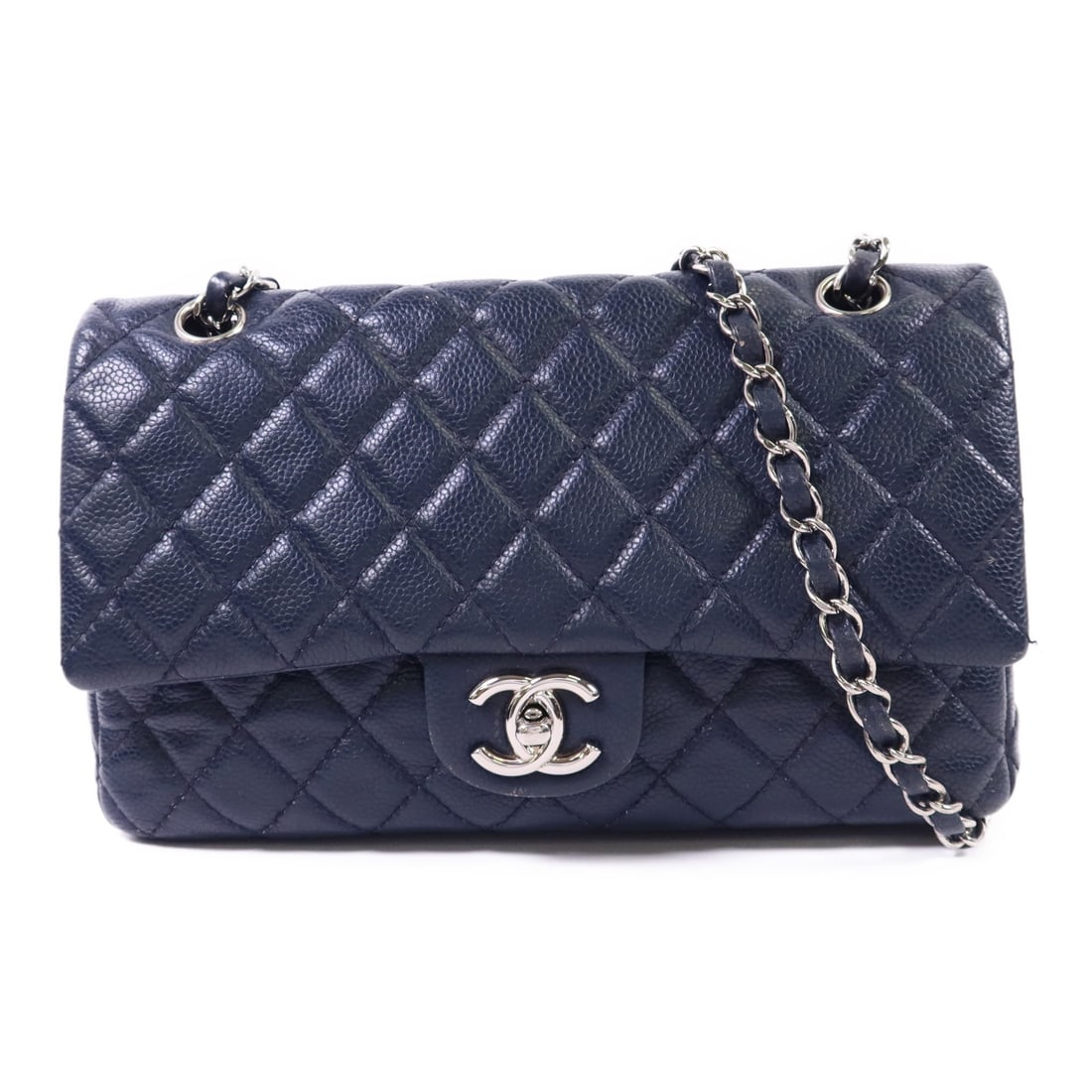 CHANEL A01112 Classic 25 Shoulder Bag Navy Calfskin CC SHW: CHANEL A01112 Classic 25 Shoulder Bag Navy Calfskin CC SHW CHANEL Classic 25 chain shoulder bag in navy blue calfskin (cowhide) leather with silver-tone hardware. It features a turn lock closure, one 