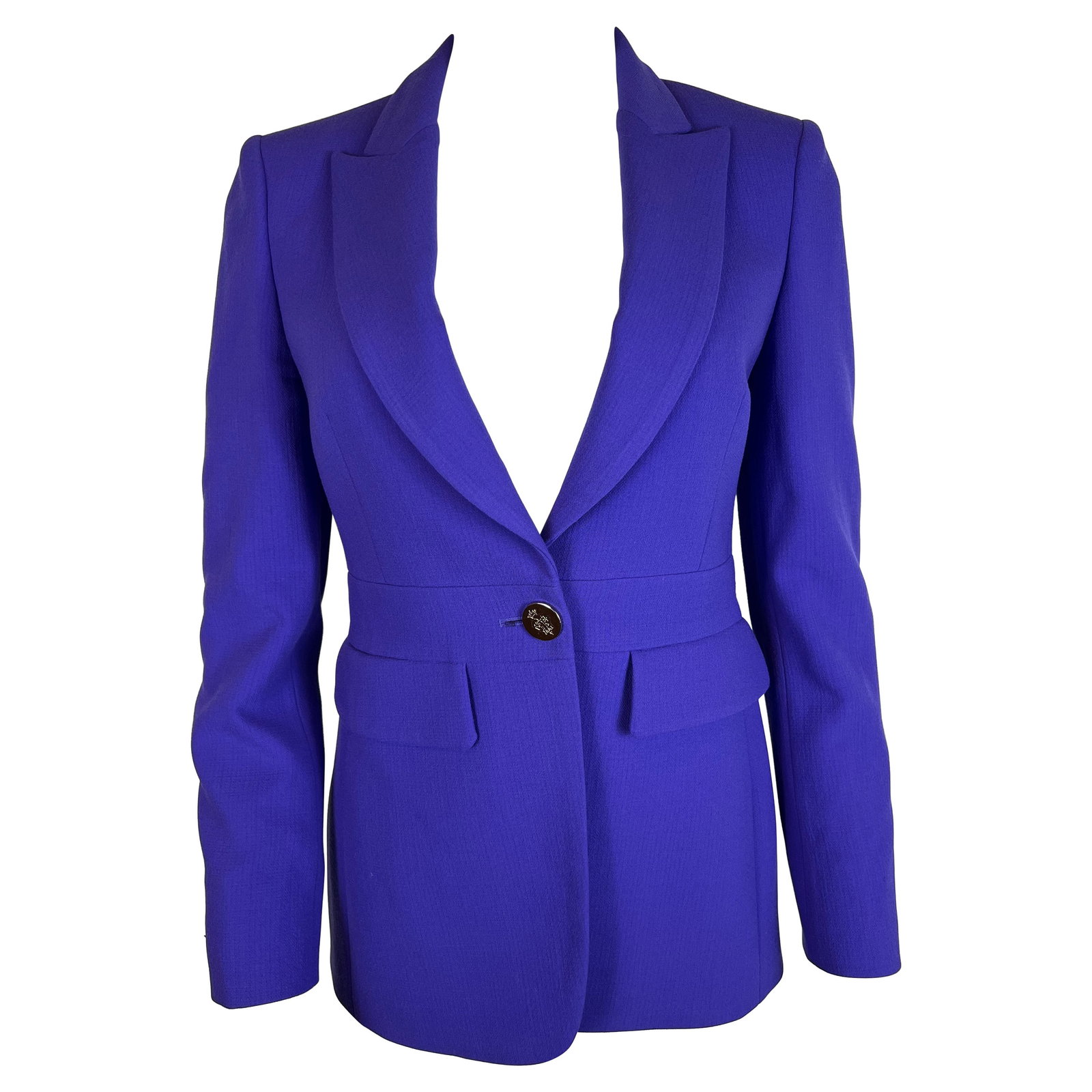 Emilio Pucci purple blazer with collar front buttons size 8: Emilio Pucci purple blazer with collar front buttons size 8 Emilio Pucci purple blazer jacket in size 8, featuring a deep V-neckline, collar, front button closure, side pockets, and button detail on t