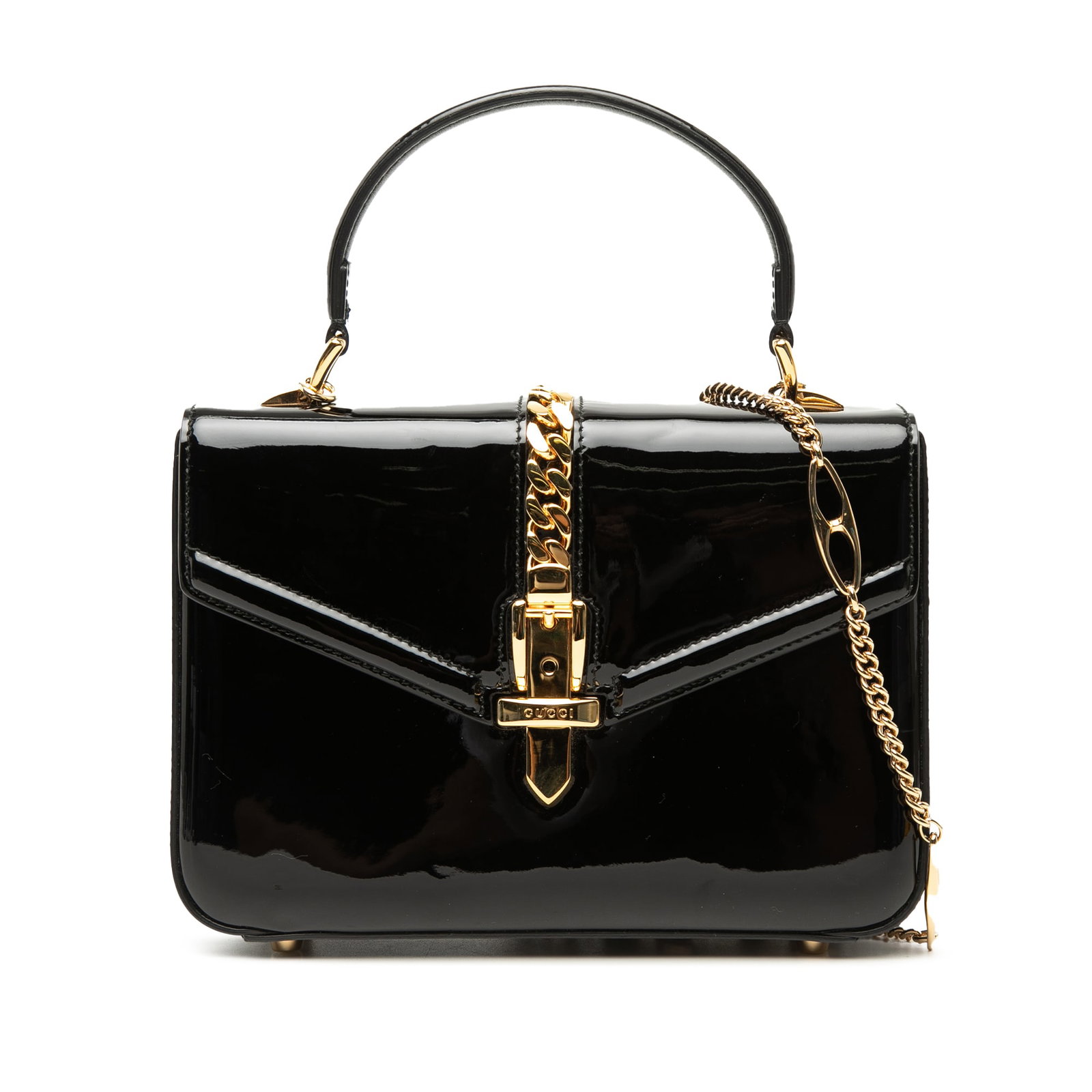 Gucci Sylvie 1969 Mini Patent Leather Top Handle Bag Black: Gucci Sylvie 1969 Mini Patent Leather Top Handle Bag Black Gucci Sylvie 1969 mini top handle bag in black patent leather. This structured bag features a flat top handle, a detachable chain strap, a fr